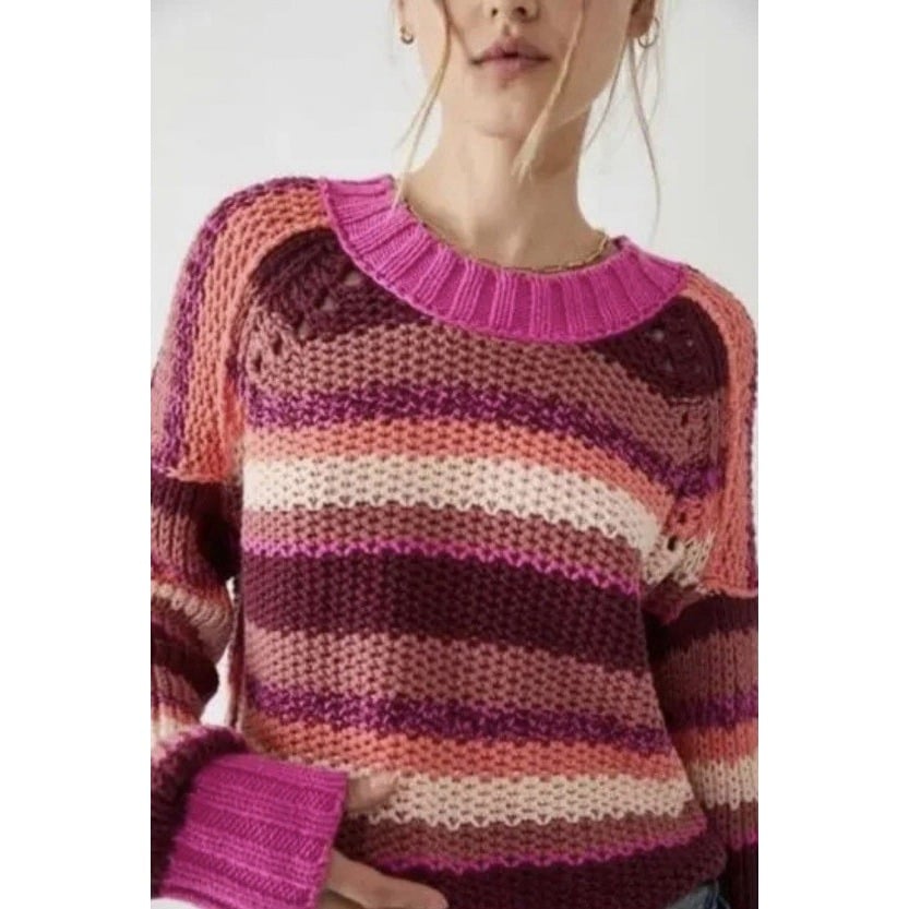 Free People Devon Sweater Fuschia Rose Combo Women's Size Large
