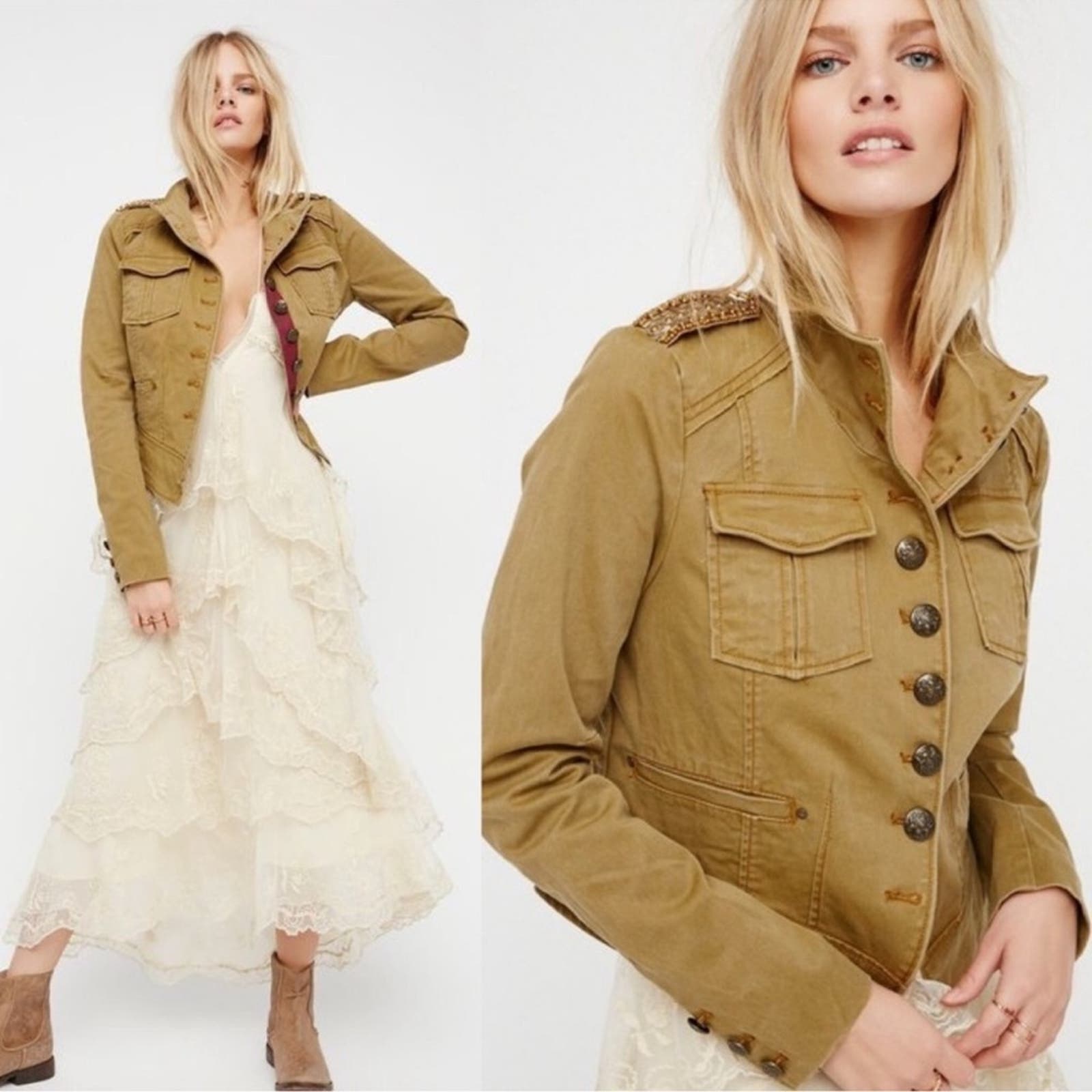 Free People Shrunken Officer Military Jacket in Sand Cropped Gold Beaded Medium