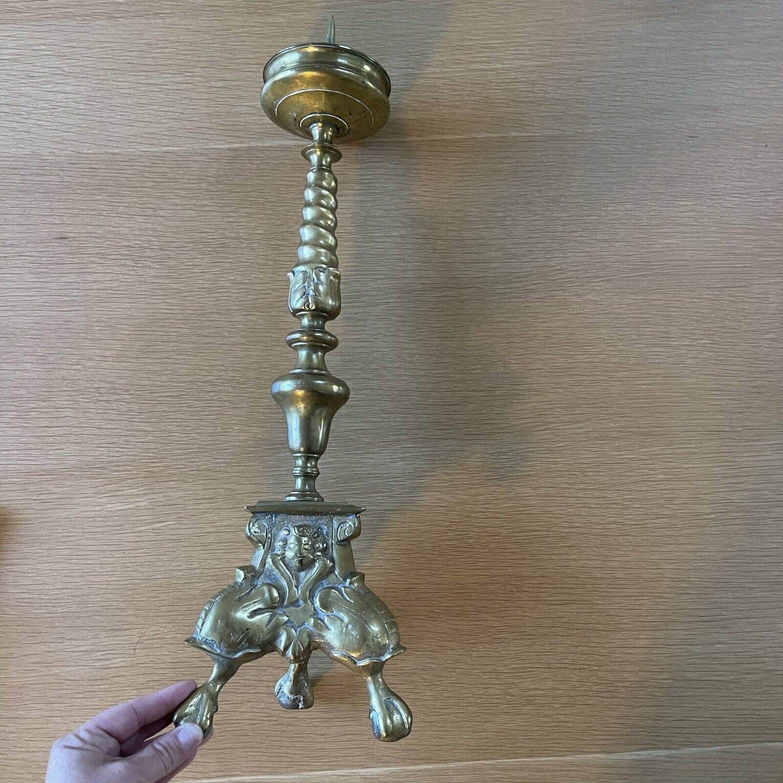 Antique Cherub Candlestick Holder Brass Religion Alter 1800s 1900s Gothic Tall