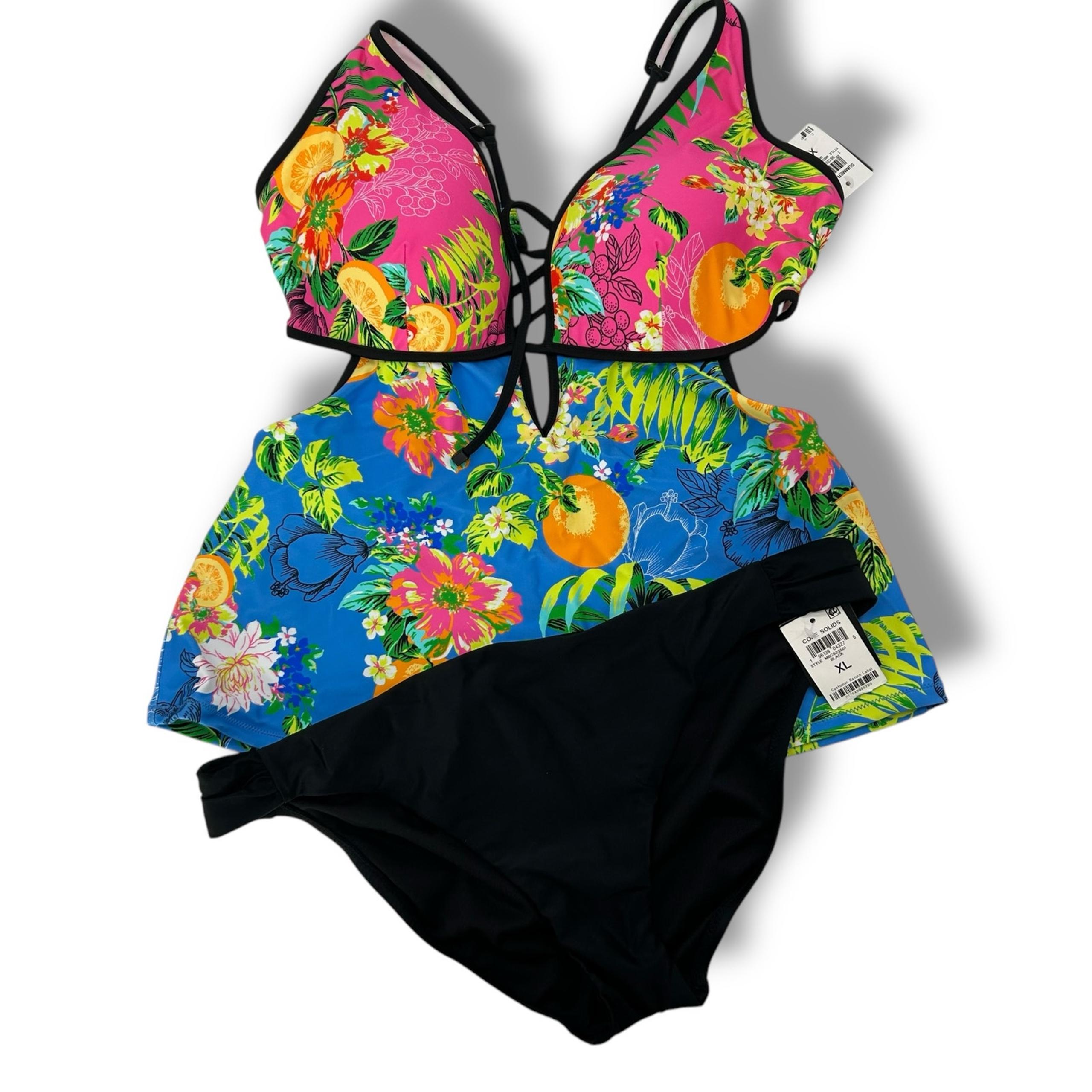 NEW Bar III Macy's Floral Tankini Swimsuit Set Size XL Cut out Plunge Tropical