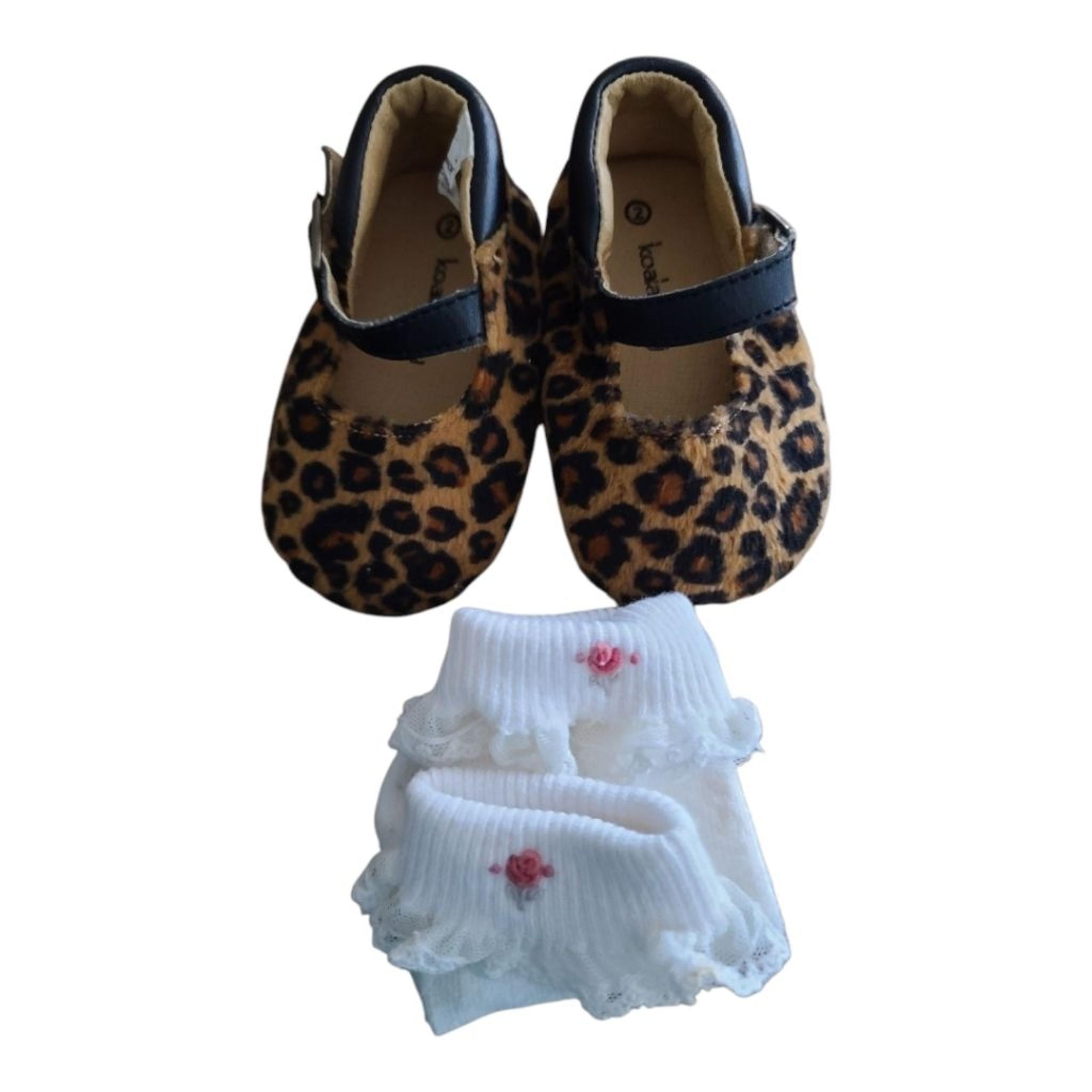 Girls Koala Baby Leopard Print Mary Jane Style Shoes Size 2 + Lace Cuffed Socks