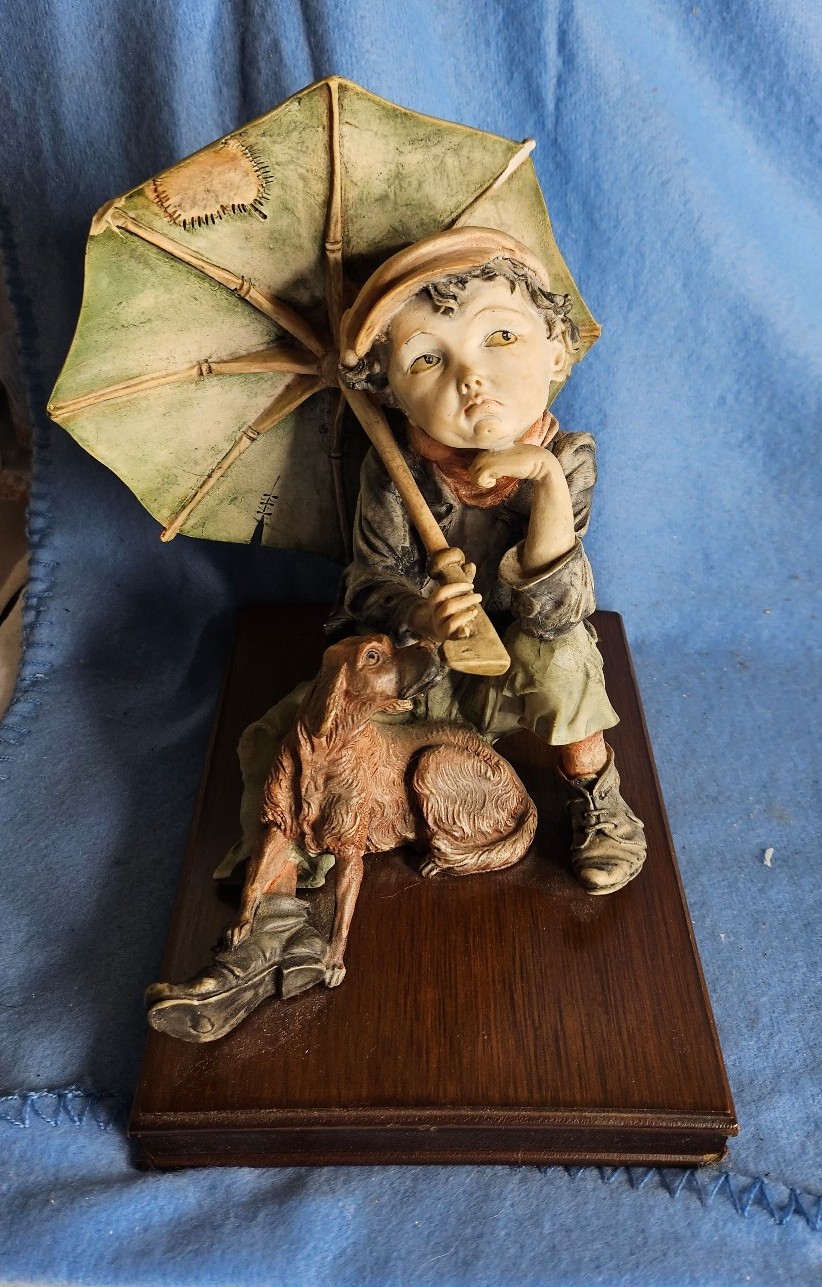 Pucci Figurin Capodimonte Italy Ceramic Figurine Boy Dog Umbrella Giuseppe