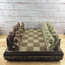 Large Vintage Handmade Aztec Mayan / Conquistador Chess Board carved 17x17x4 In