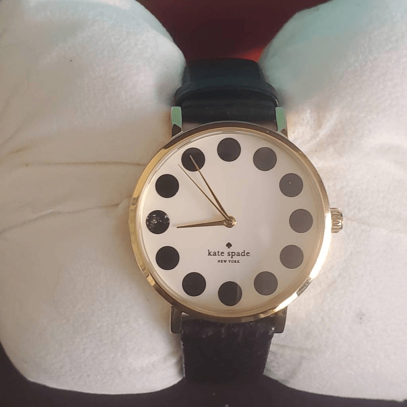 Kate Spade Gramercy Watch Black Leather Band Black Polka Dot Hour Markers IOB