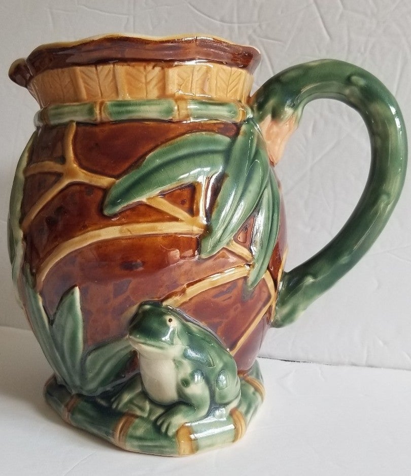Pitcher Imported vintage Majolica frog ,bamboo and lilly pad