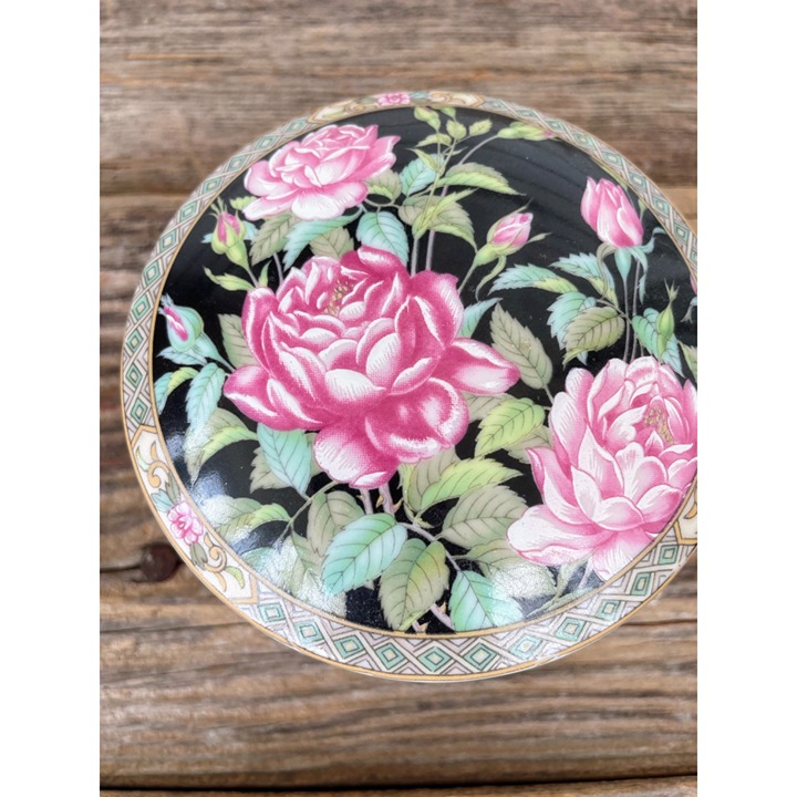 Vintage 1980s Lefton Pink Black Rose Porcelain Trinket box Round