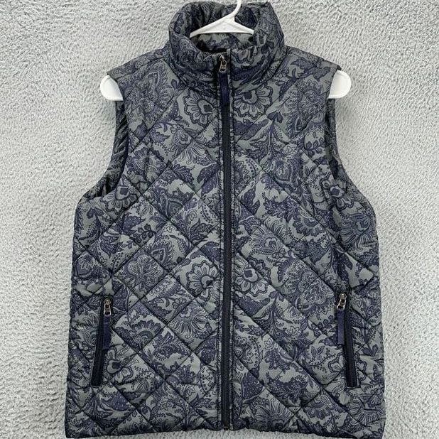 Vera Bradley Paisley Puffer Vest Womens Large Grey Quilted Fur Lined Full Zip