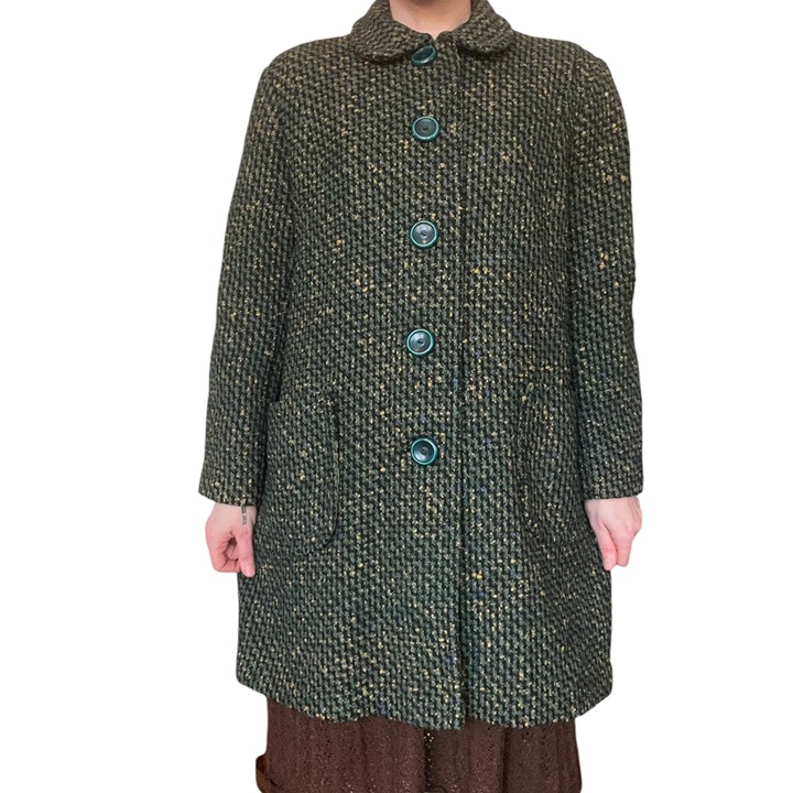 Vintage 1940s Emerald Green Marbled Tweed Wool Box Coat S/M