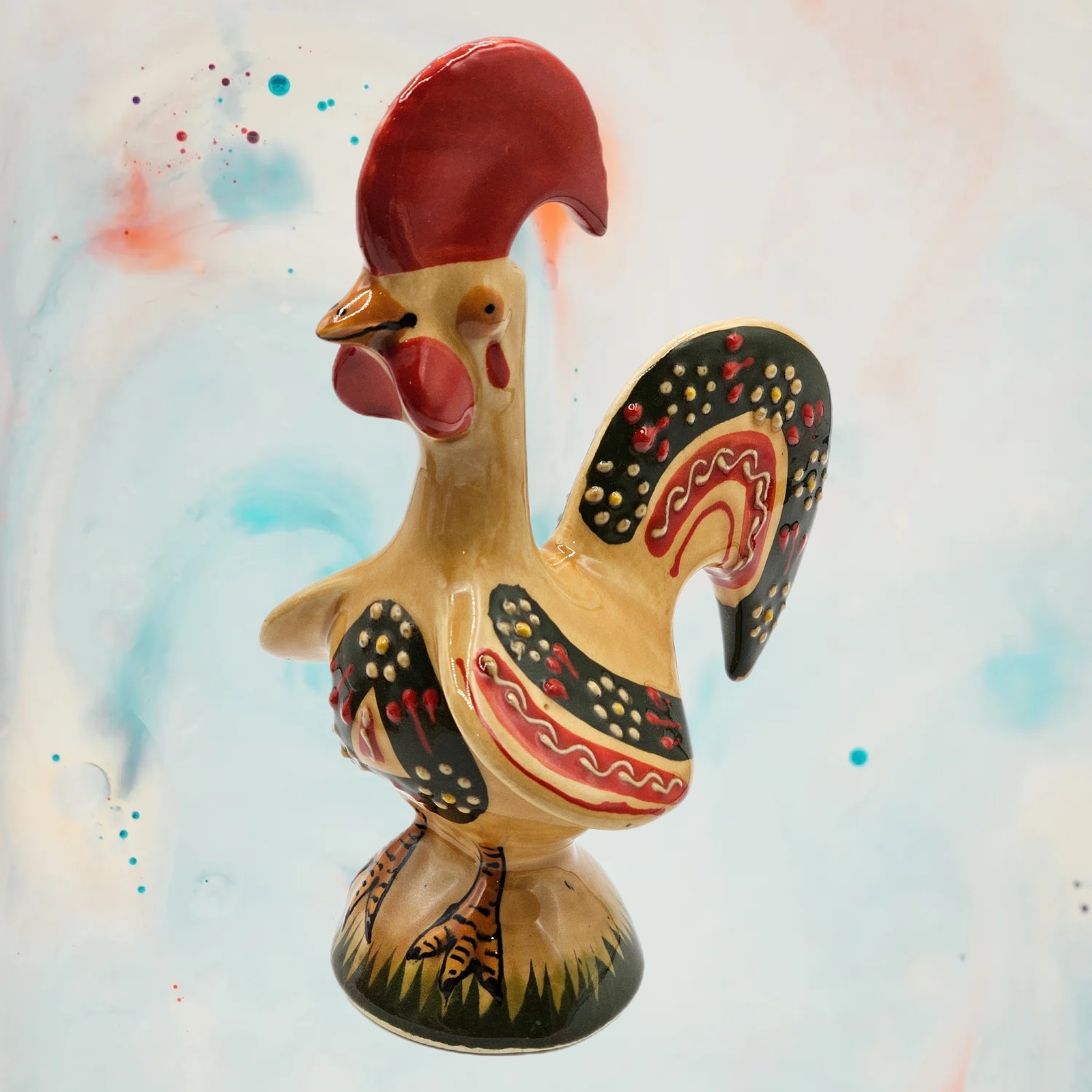 Vintage Mexican Folk Art Rooster Pottery Figurine - Hand Painted Ceramic Chicken
