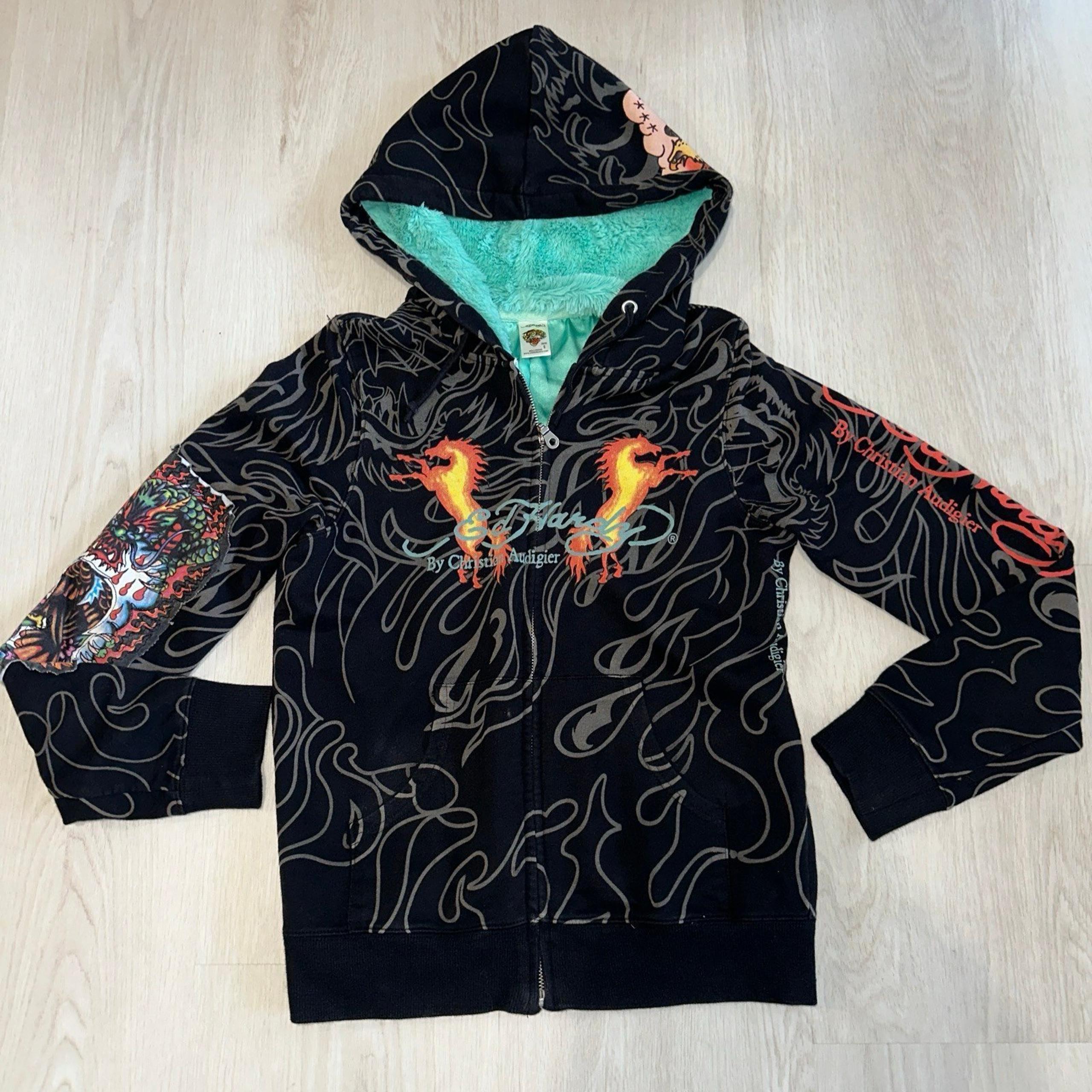 Ed Hardy Vtg Skull Fire Lucky Faux Fur Food Jacket Y2K Women S