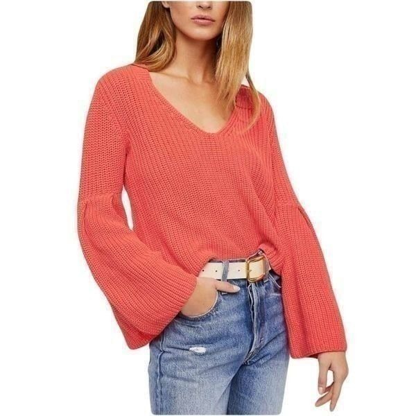 Free People Damsal Cropped Coral Orange Ribbed Bell Sleeve Sweater Small