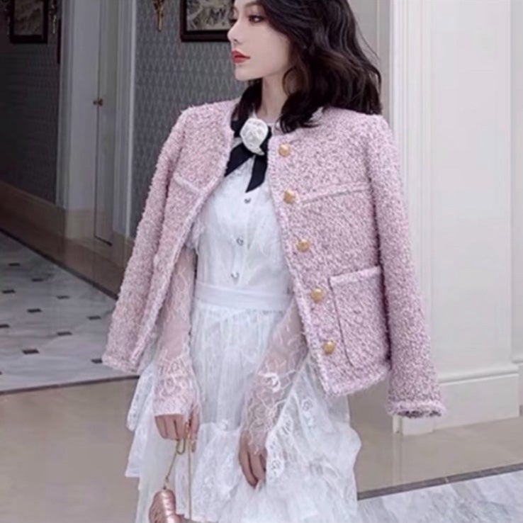 Lilac Purple Gold Buttoned Luxury Tweed Winter Blazer Suit Jacket