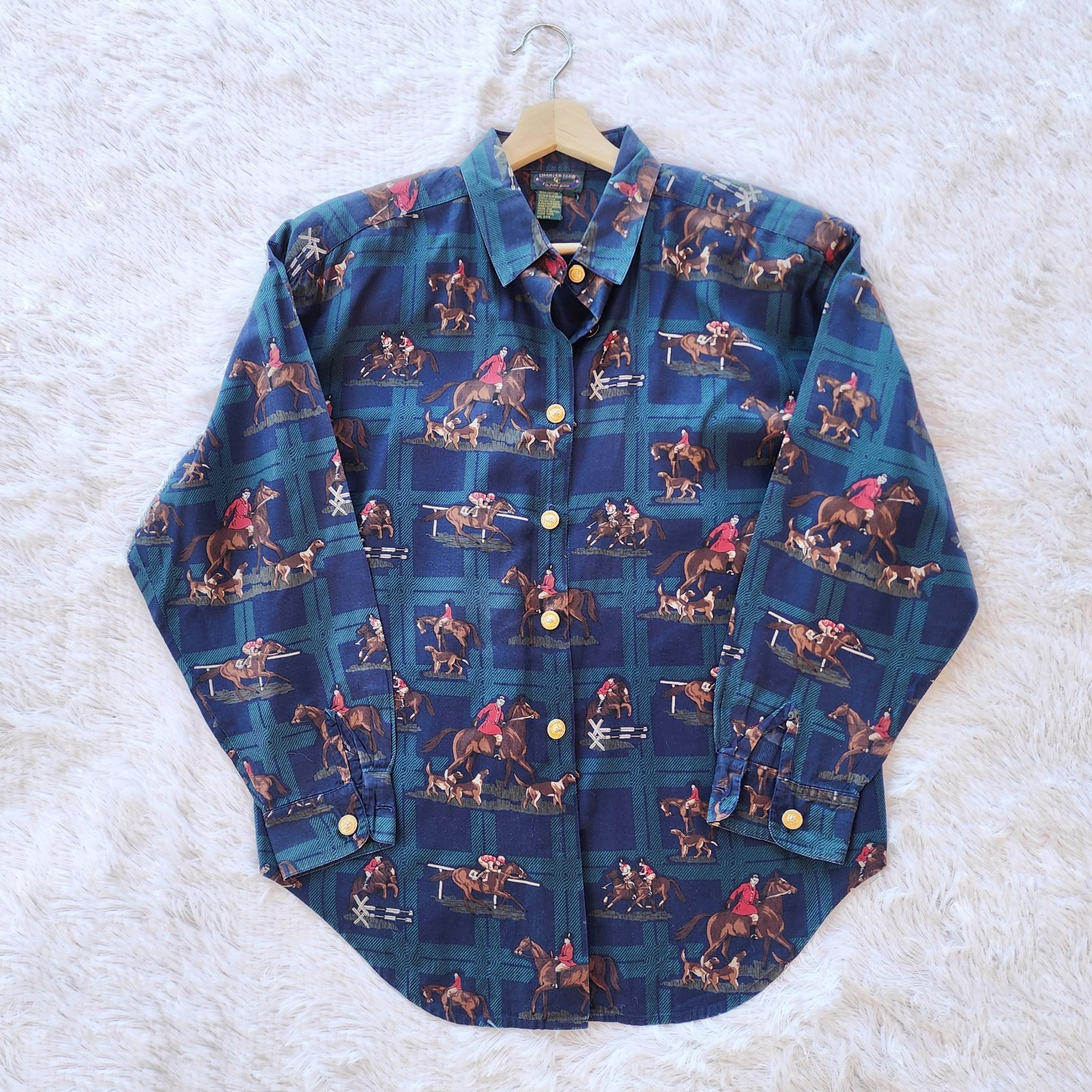 Charter Club Vintage Rare Horseback Rider Print Button Down Shirt