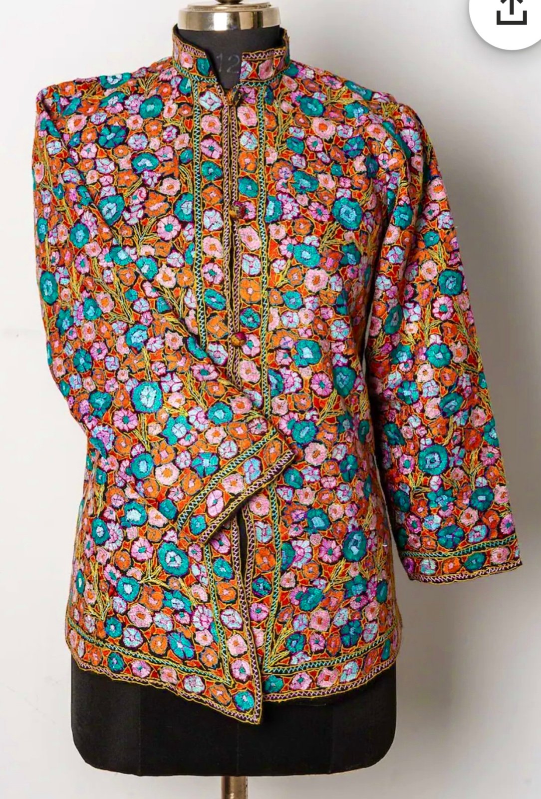 Vintage 70s Kashmiri Hand Embroidered All Over Florals Jacket Sz S