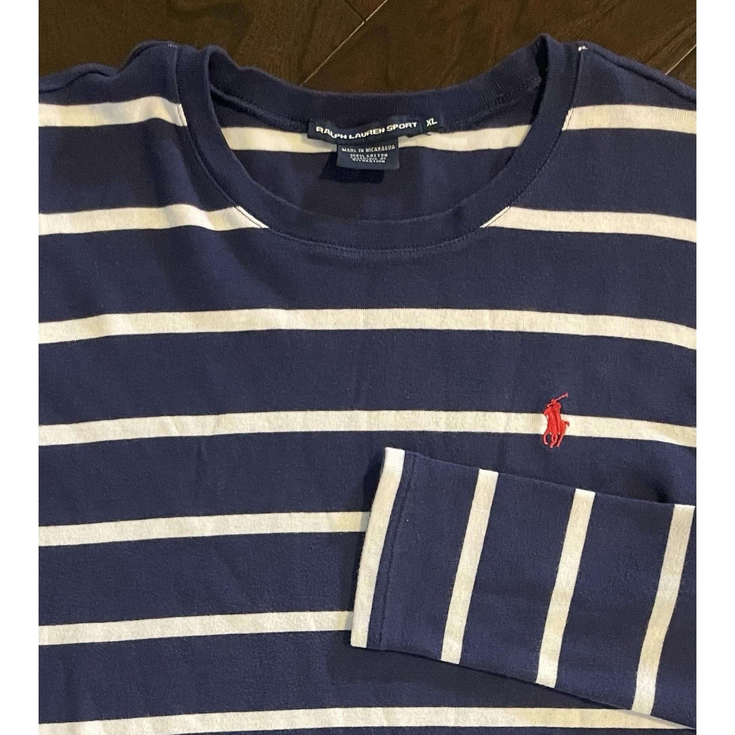 Ralph Lauren Sport Sweater Womens Size Large Cotton Stretch Navy Blue Striped