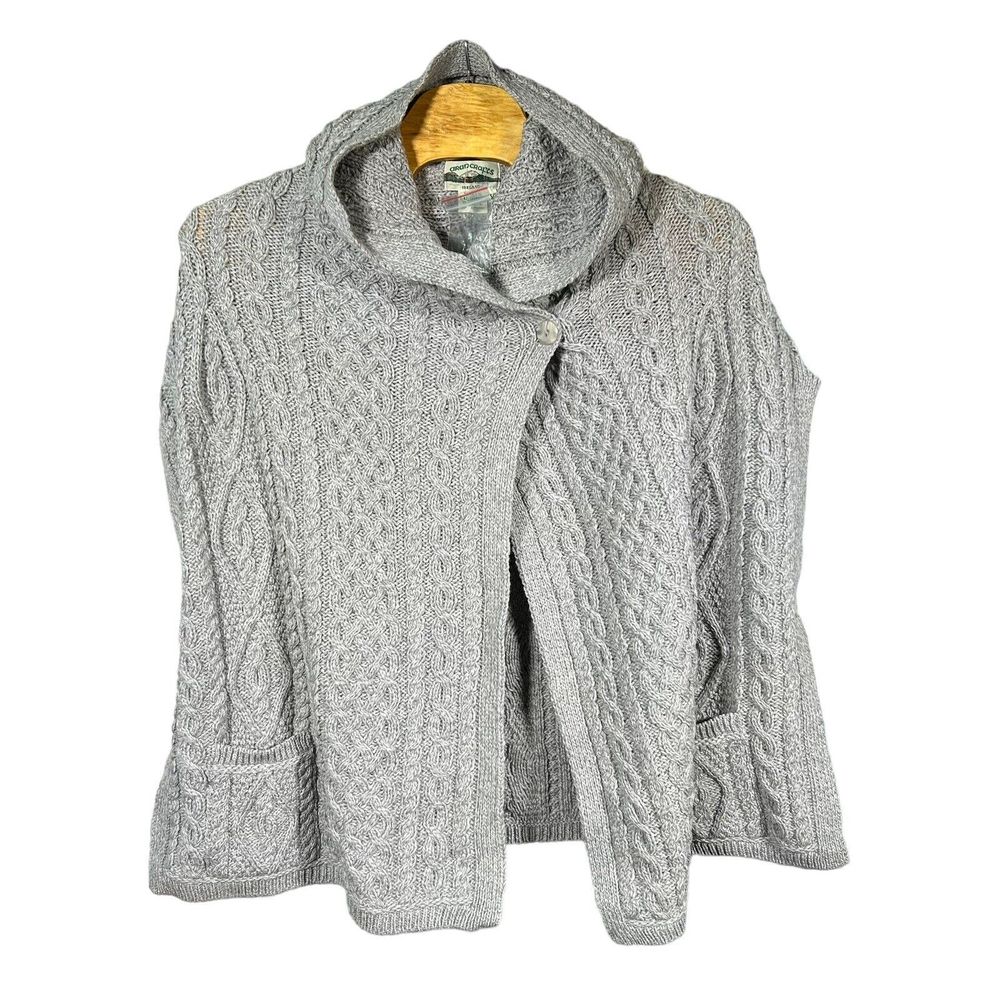 Aran Crafts Ireland Merino Wool Hooded Poncho Sweater Cable Knit Women's XS/S