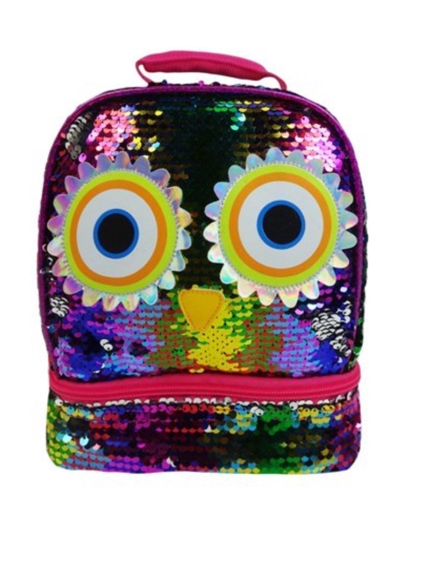 Girls Owl 2-Way Sequin Insulated Lunch Bag Dual Compartment