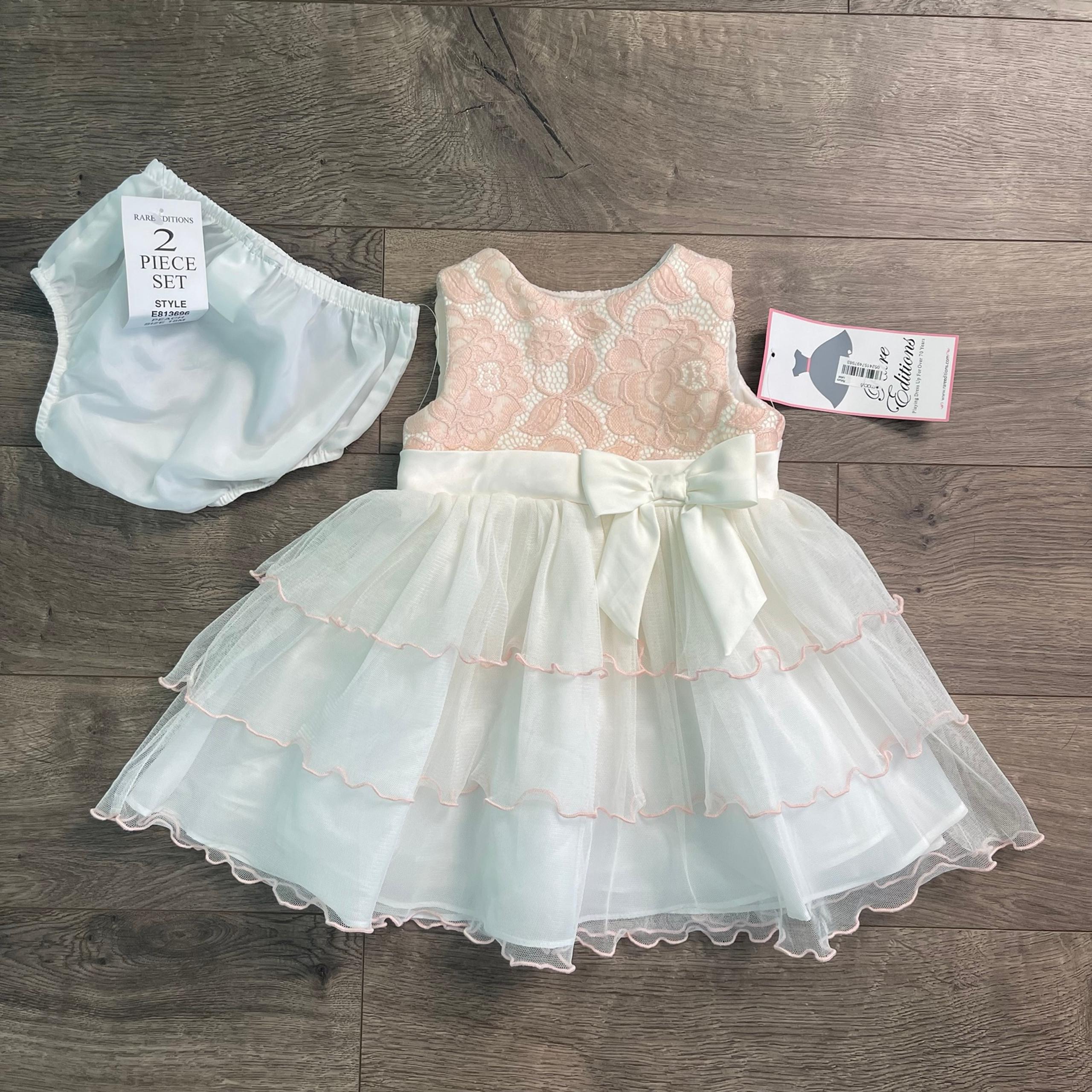 NWT Rare Editions Peach Lace Tulle 18m Dress and Bloomers Set