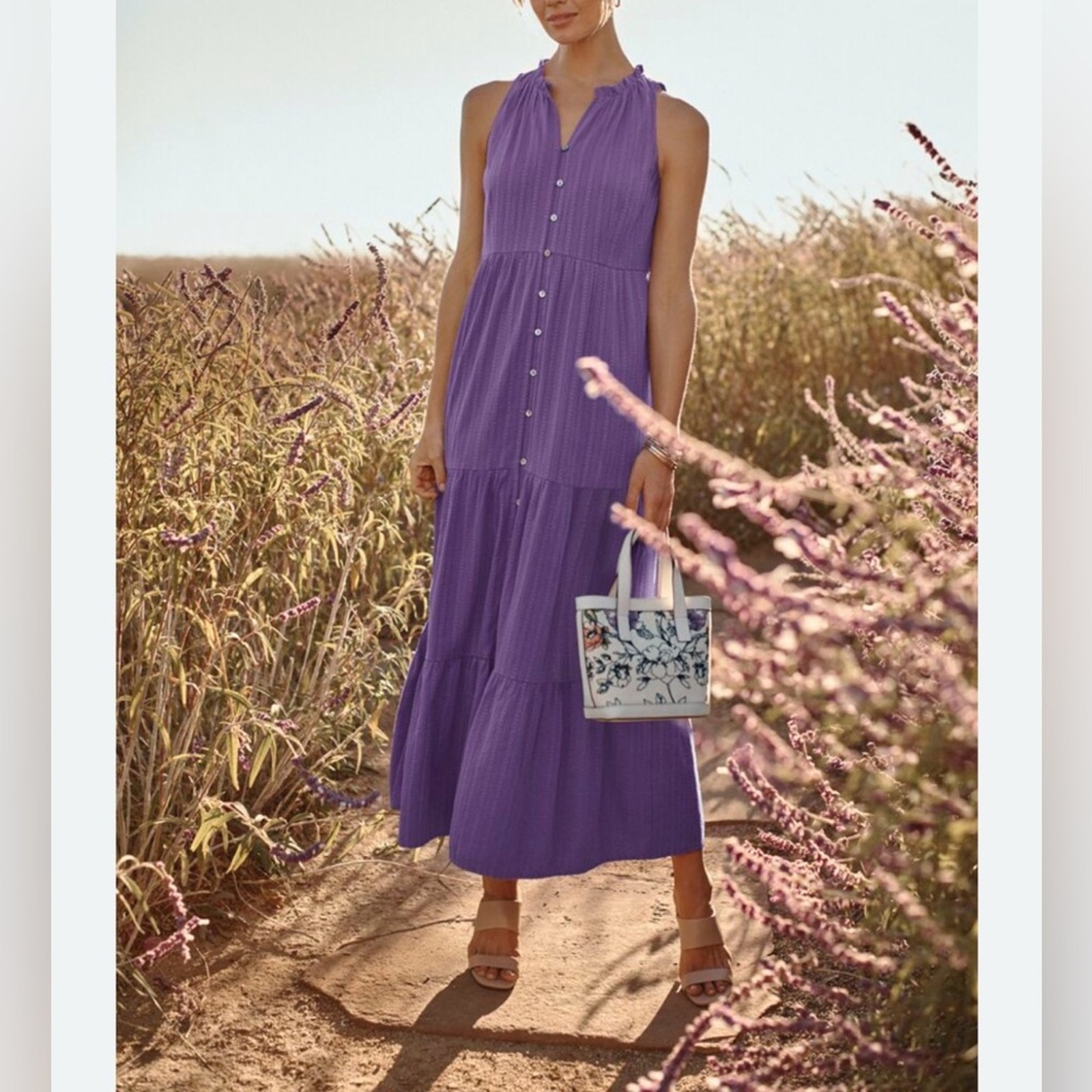 J.Jill - NWT women’s sleeveless tiered Maxi dress purple buttons front size XSP
