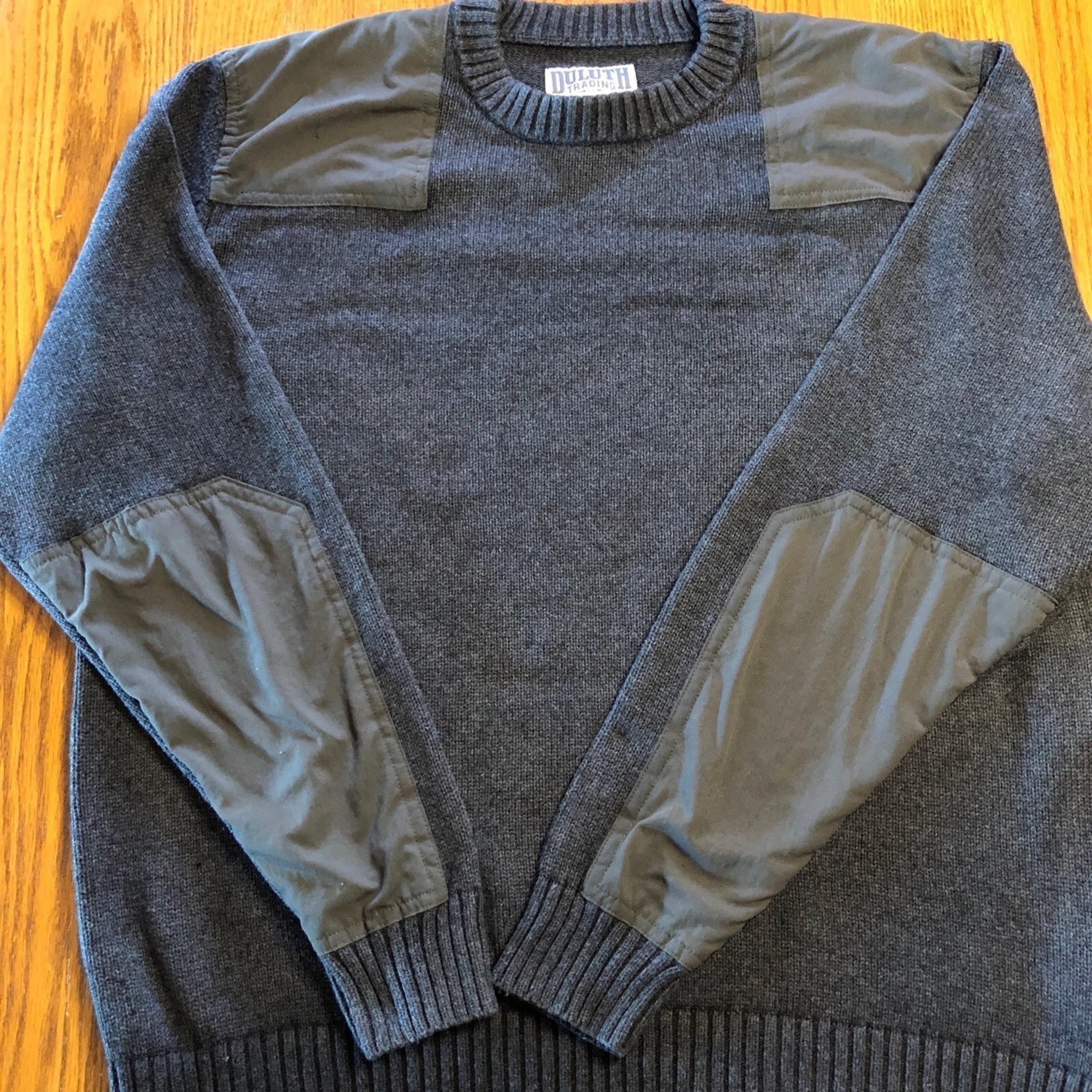 Duluth Trading Sweater Mens Large Gray Wool Blend Patches Pullover Heavyweight
