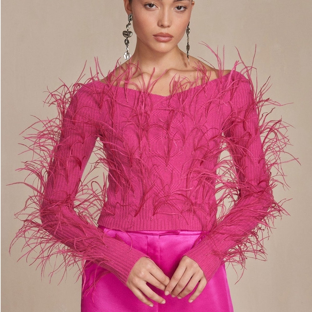 Cult Gaia Danton Feather Rib Cable Cropped Sweater Merino Wool Blend Pink Size M
