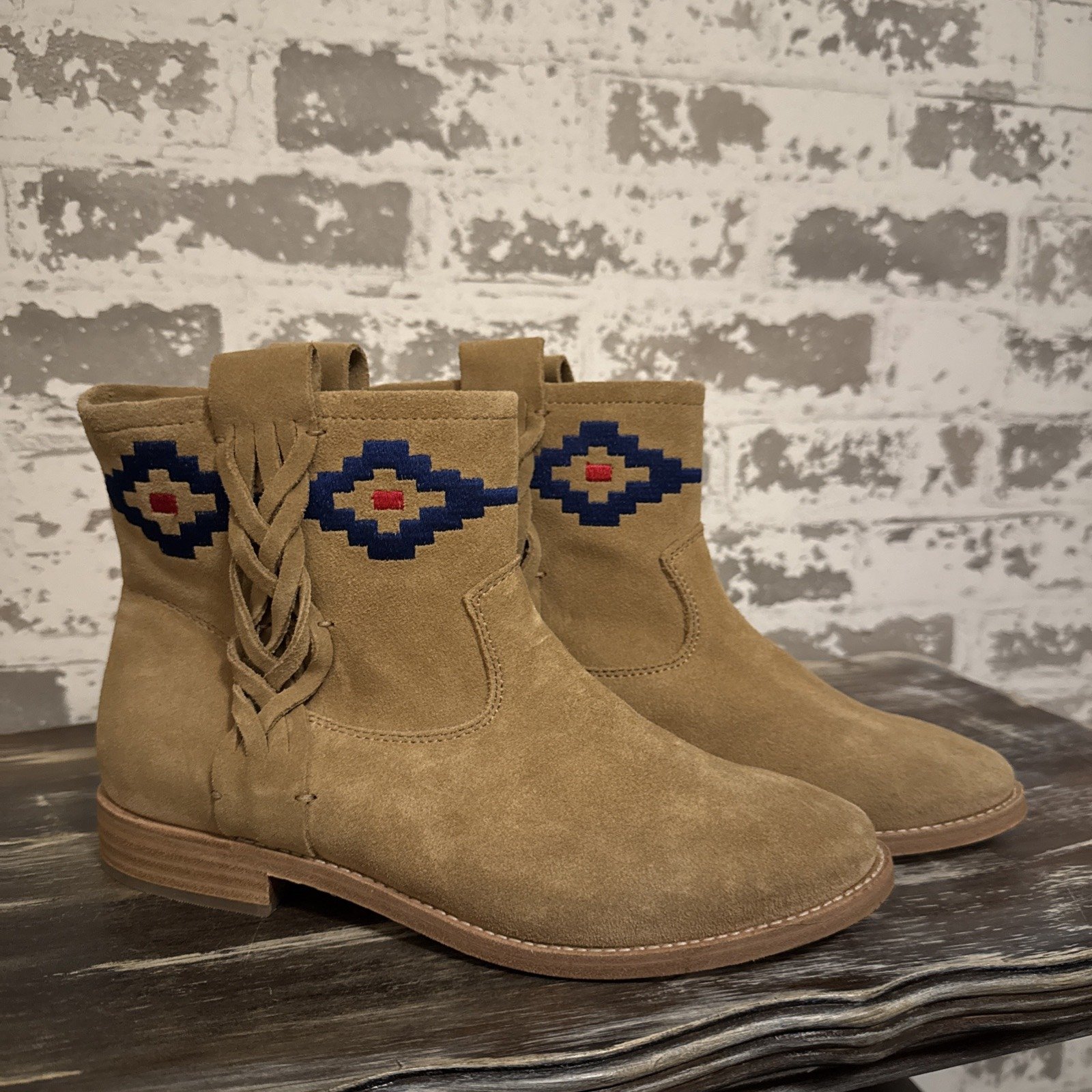 Soludos Western Southwestern Aztec Embroidered Boho Booties Boot Tan Size 7