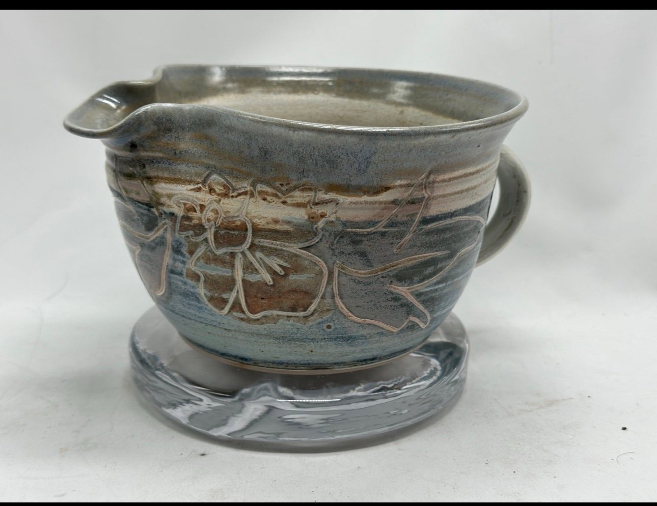 Art Cariaso Pottery SIGNED Batter Bowl w/ Spout Floral Design Hand Thrown