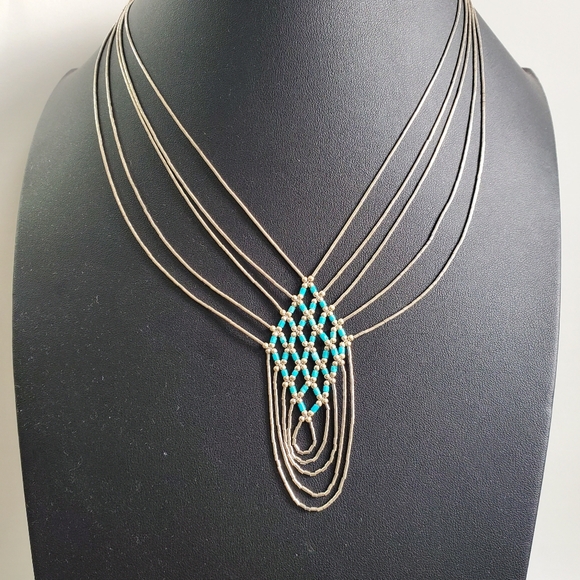 Sterling Silver 925 Drape Native American Style Turquoise Beaded Necklace