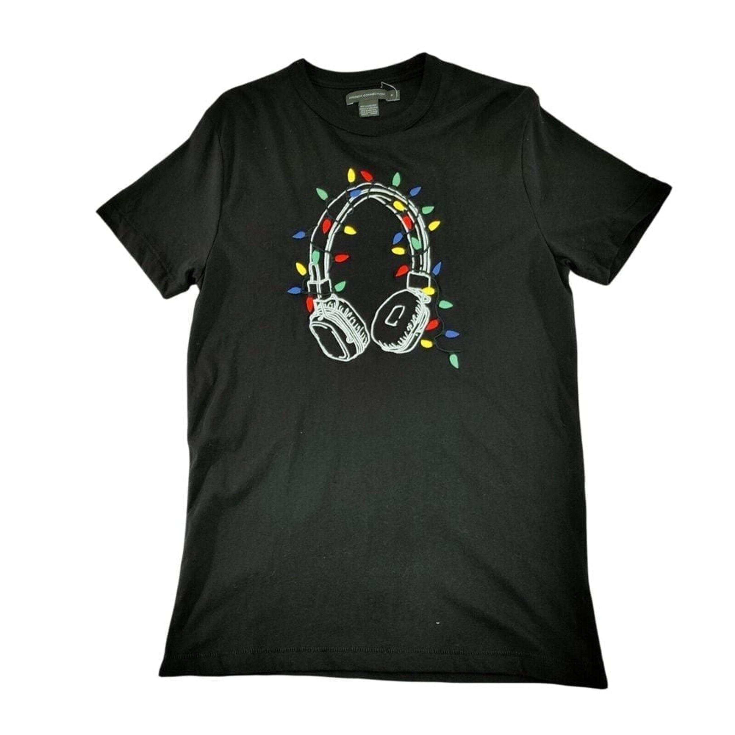 Black Graphic T-Shirt Festive Design Music Lover Holiday Lights Size S