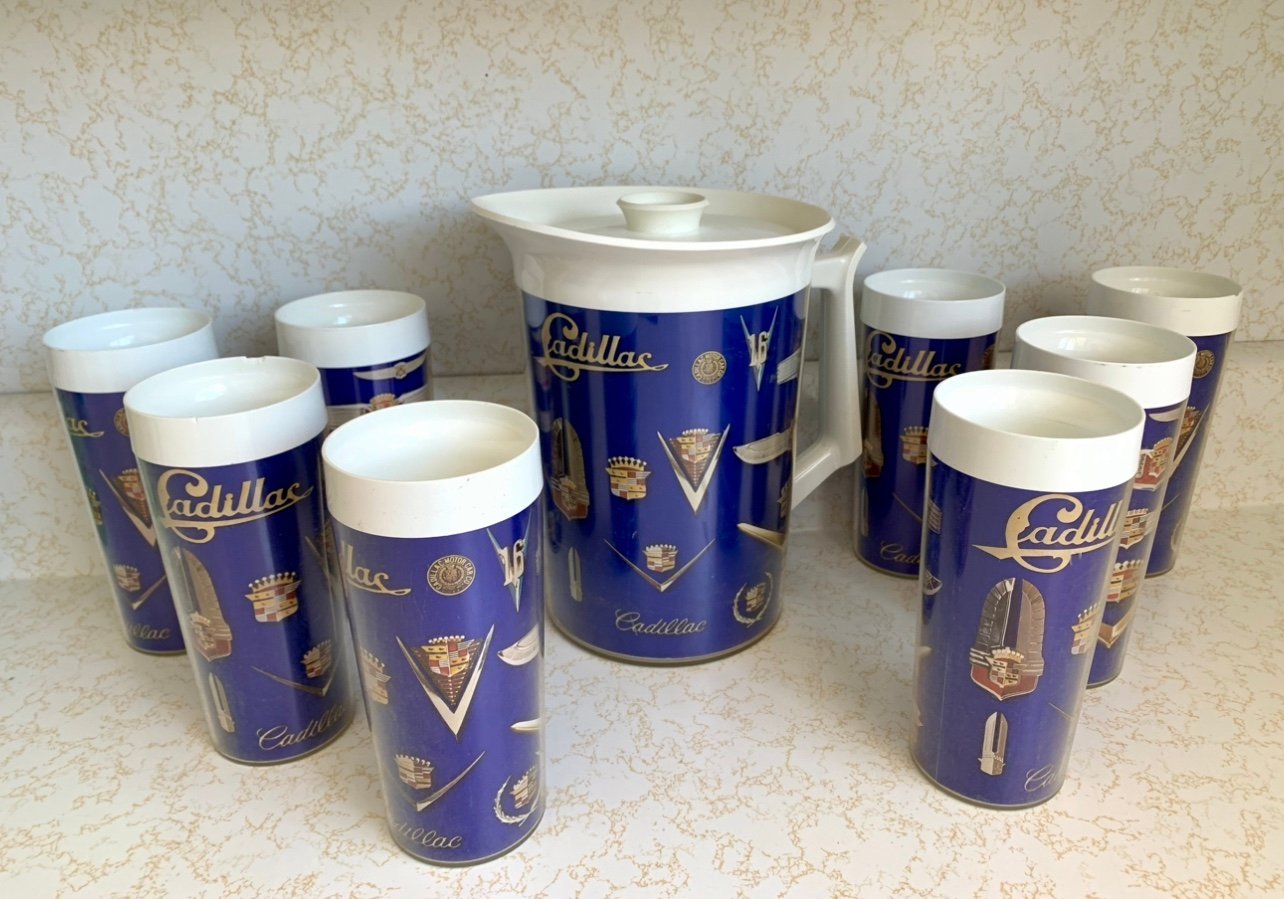 VINTAGE THERMO-SERV WEST END CADILLAC CADDY PITCHER GLASS PLASTIC TUMBLER SET
