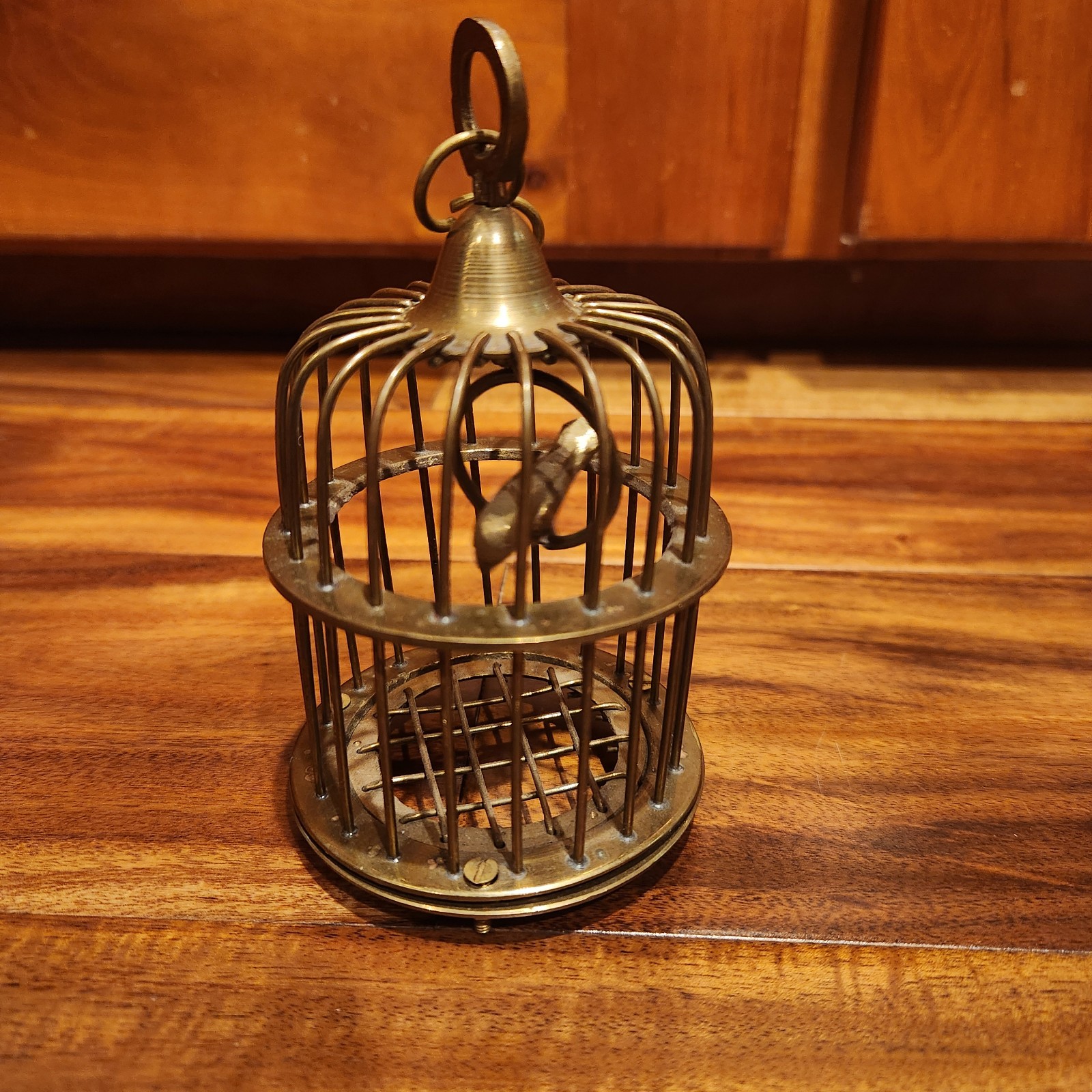 Vintage Brass mini miniature hanging bird cage with bird