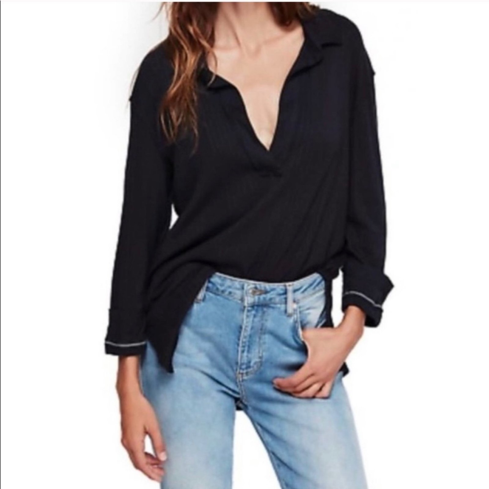 Free People Black Annie Ribbed Collared Top