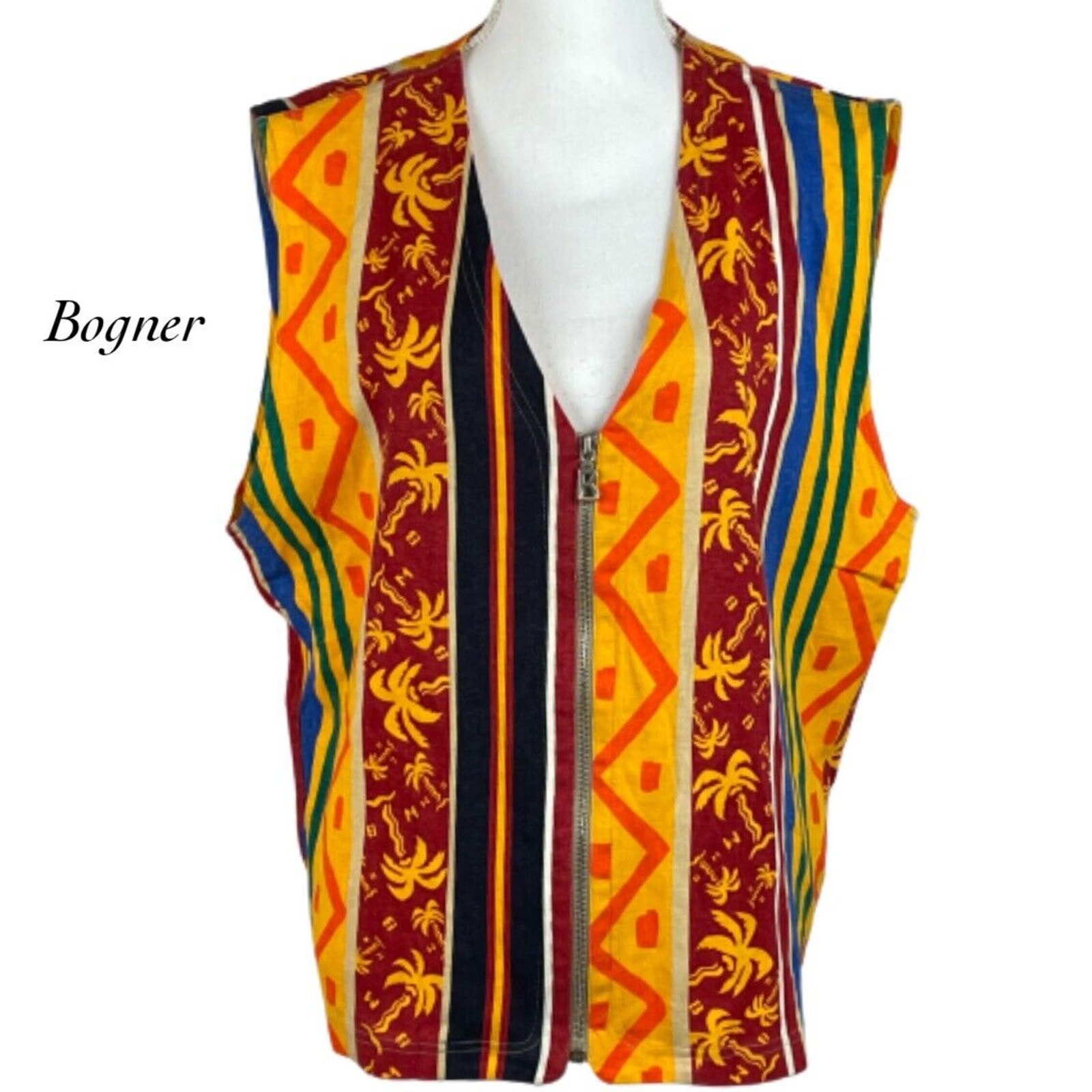 Vintage Bogner Multicolor Palm Tree Zipper Front V Neck Oversized Vest Size S