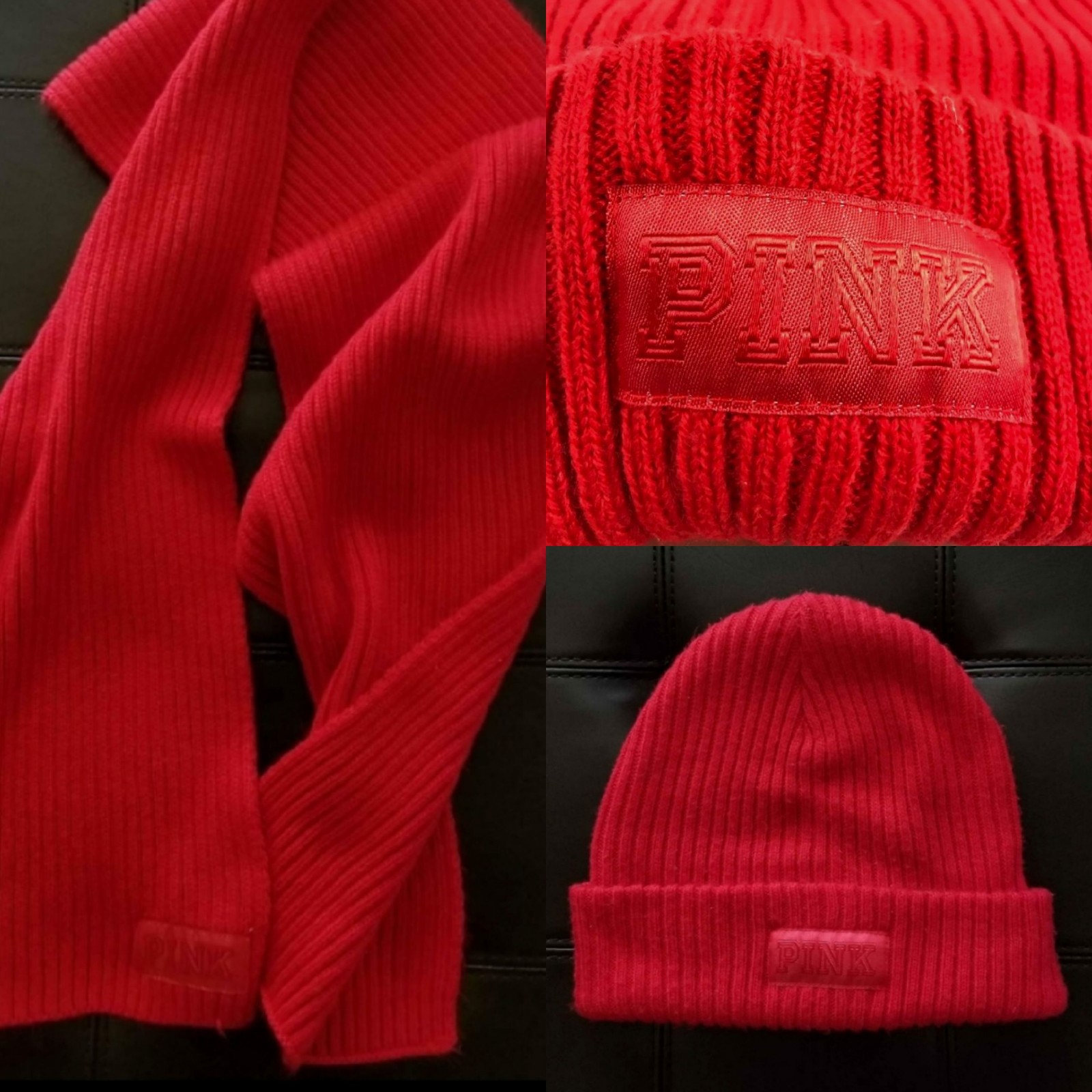 Victoria Secret VS PINK Logo Red Knit Valentine Winter Scarf and Beanie Bundle