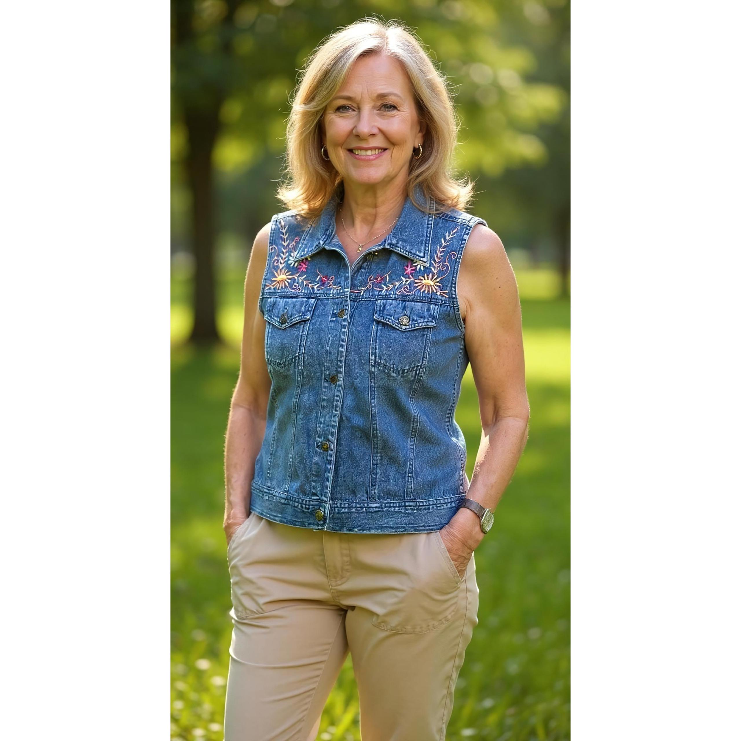 Casey & max Denim Vest Embroidered Floral Sleeveless Jean Jacket