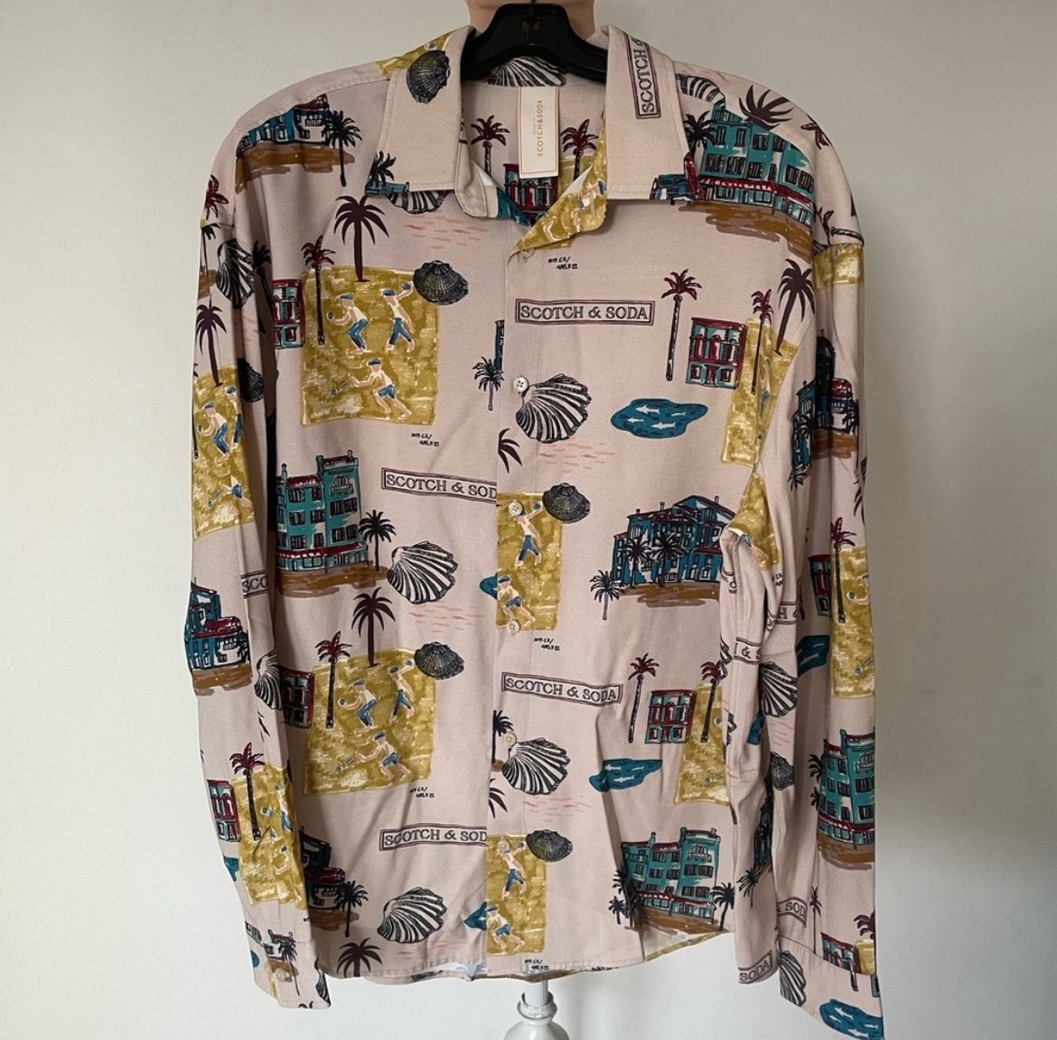 Scotch Soda Beige Hawaiian Beach Surfer Logo Viscose Twill Button Down Shirt M