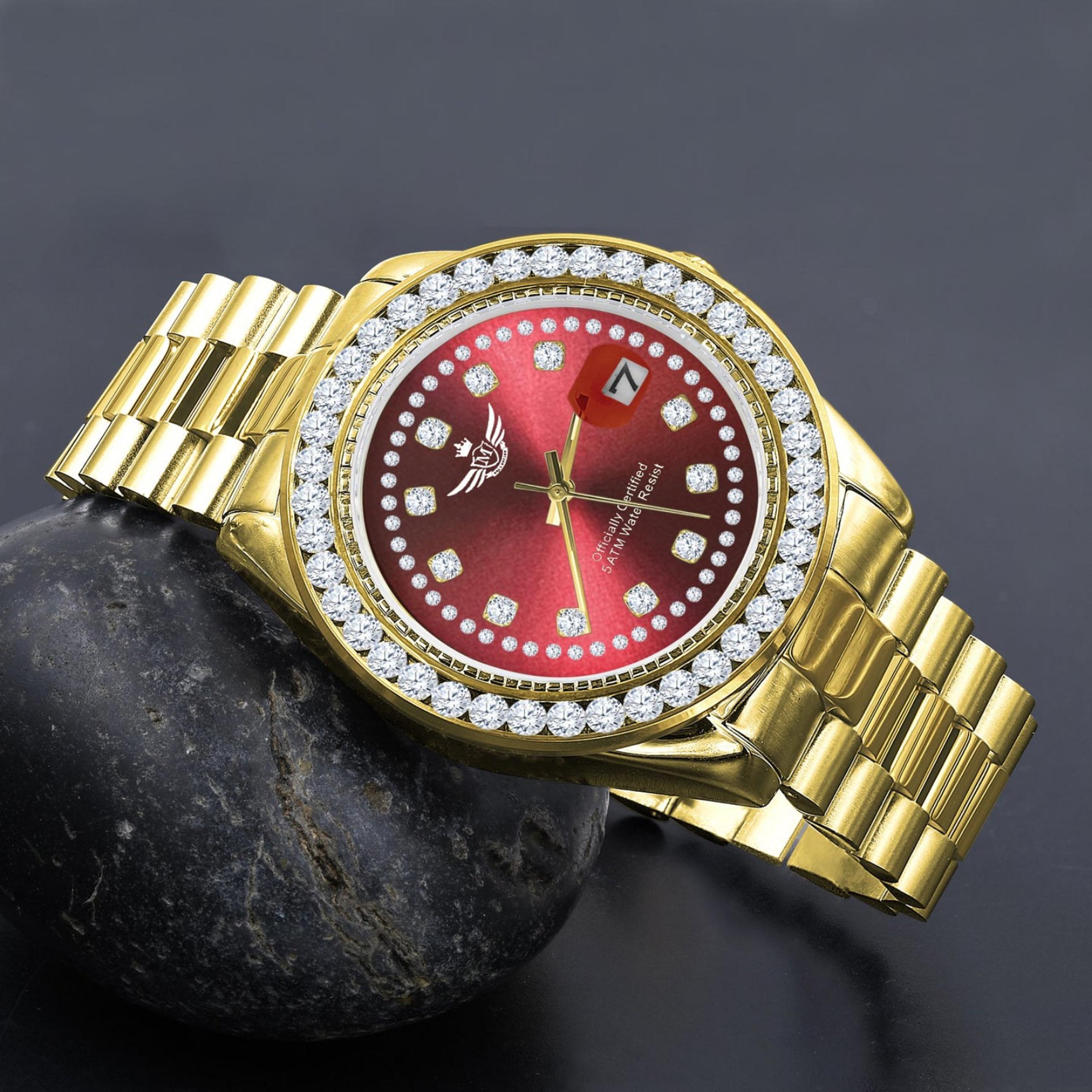 Gold plated bling master red face watch - automatic - iced bezel