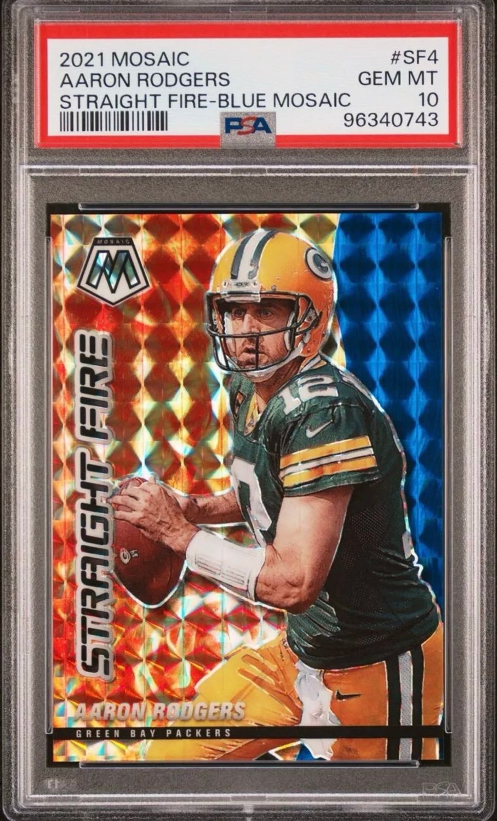 2021 Panini Mosaic Straight Fire Blue Prizm /99 Aaron Rodgers #SF4 PSA 10 GEM MT