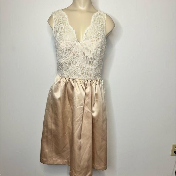 Six Women's Size 4 Belted Formal Dress Cream Beige Sheer Lace Overlay Fit Flare