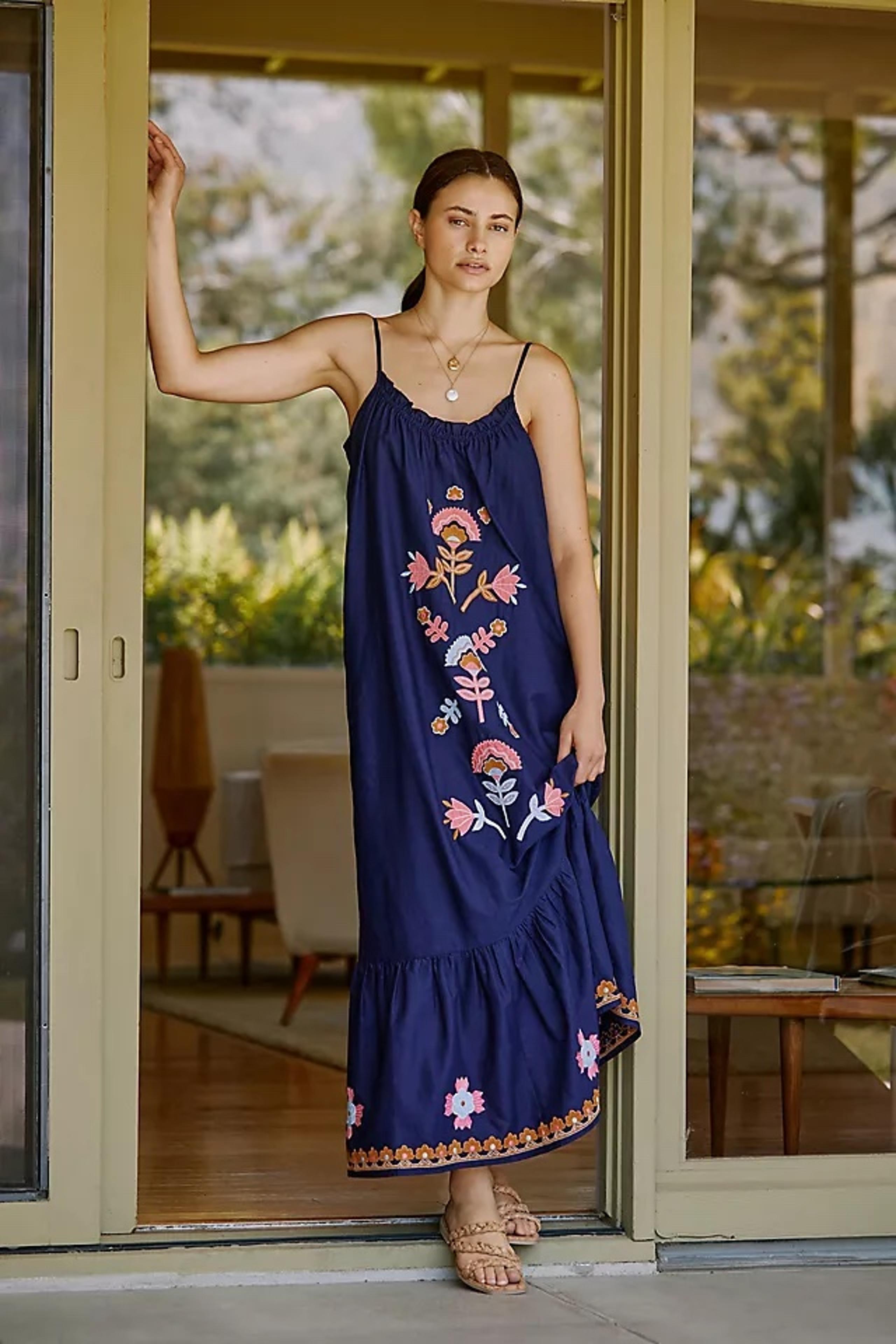 Anthropologie Flowy Embroidered Maxi Dress