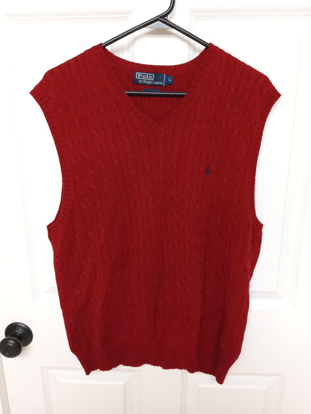 Polo Ralph Lauren L Red Heavy Cotton Cable Knit Sleeveless V-Neck Sweater Vest