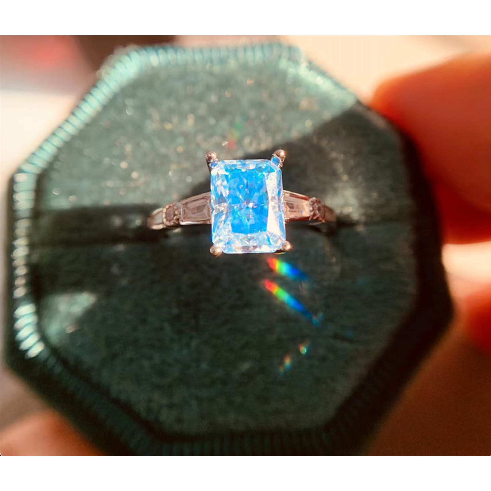 2 Carat Radiant Cut Icy Blue Moissanite Ring, Radiant Cut Light Blue Moissanite