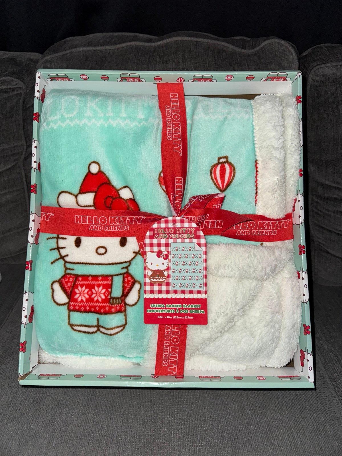 Hello Kitty Blue Christmas Sherpa Blanket in Box