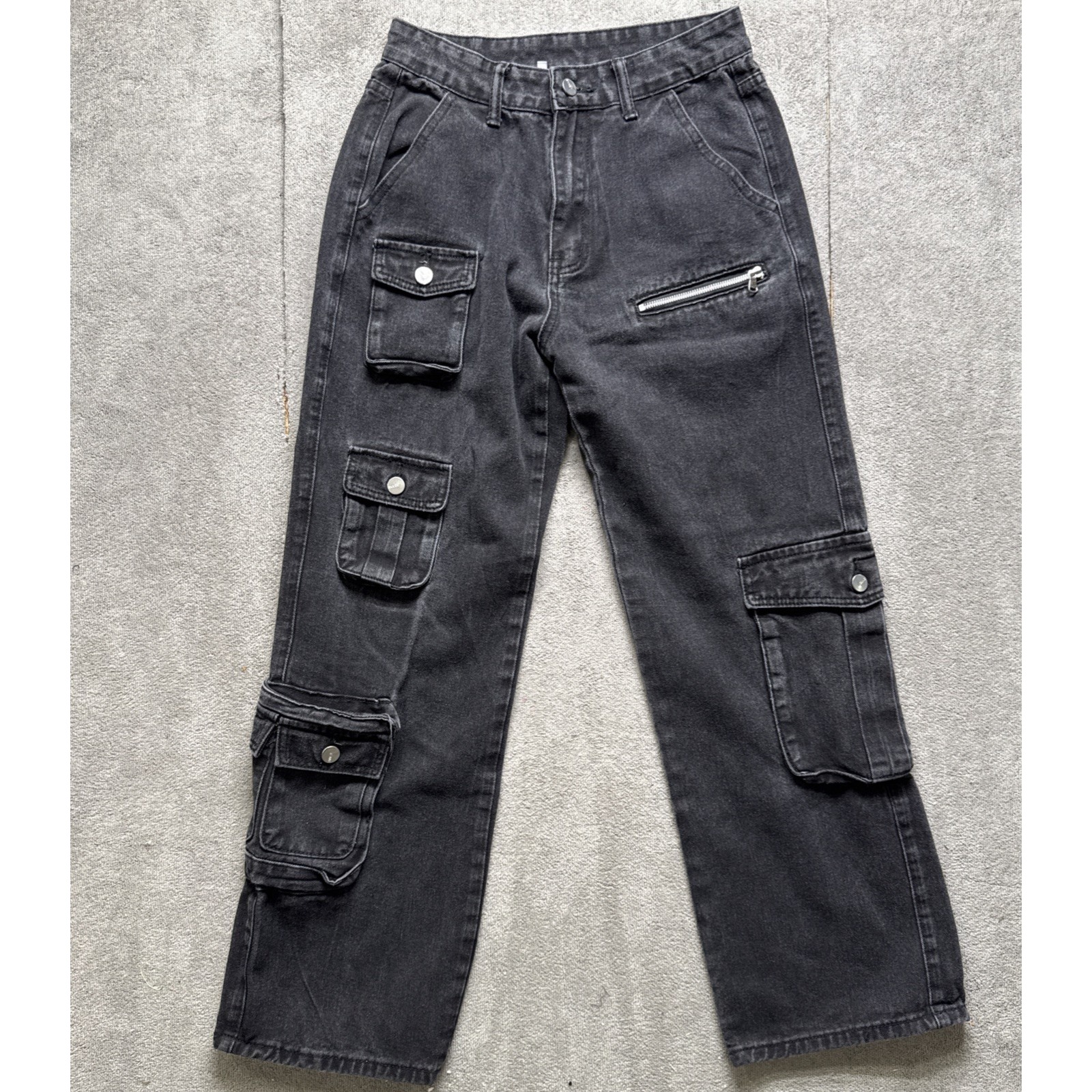 aelfric eden Multi Pocket Loose Jeans womens 28 Black Washed Retro Street Fit