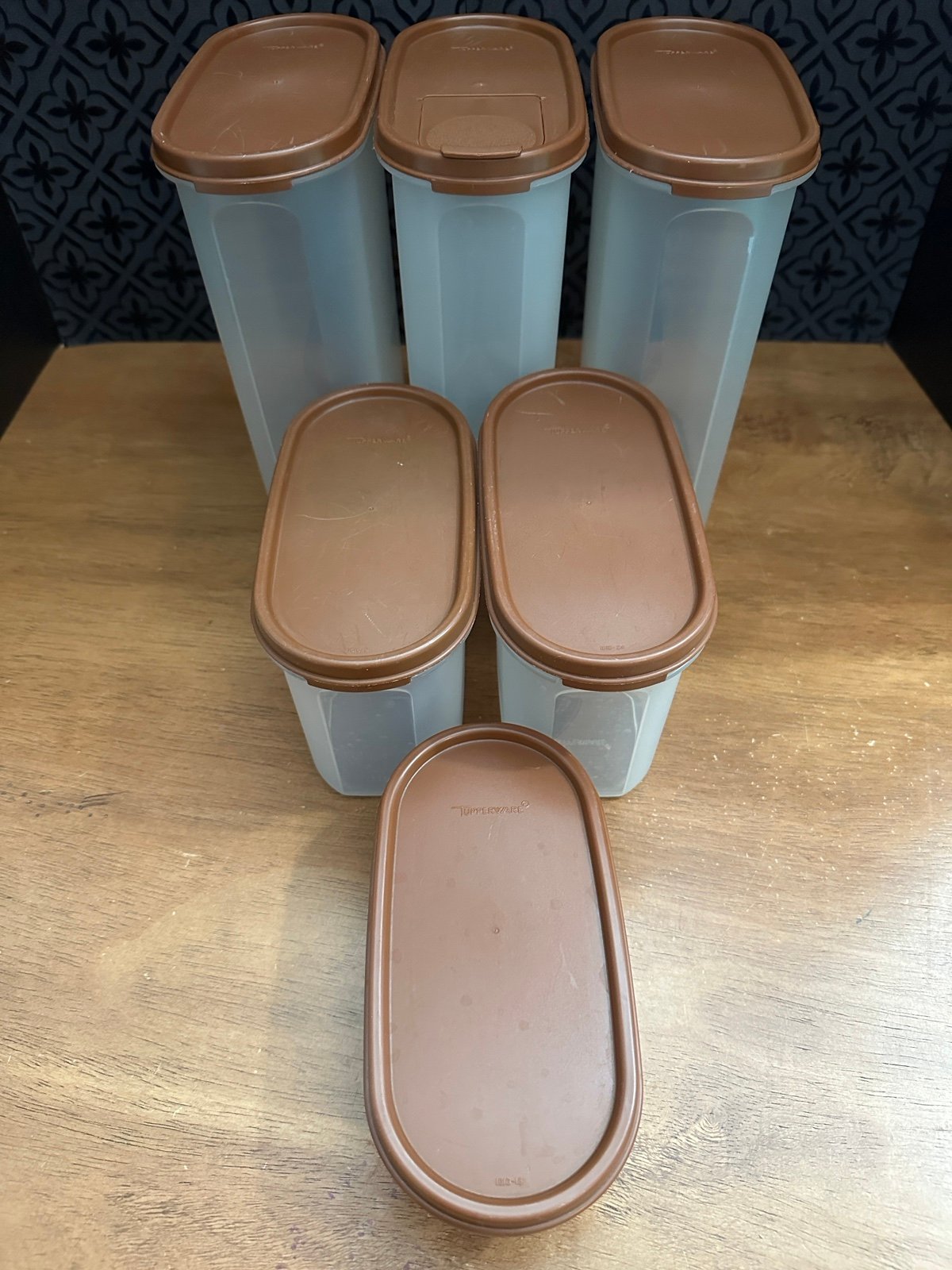 Lot of 6 Tupperware Modular Mates Storage Containers Brown Seals - 3 Sizes