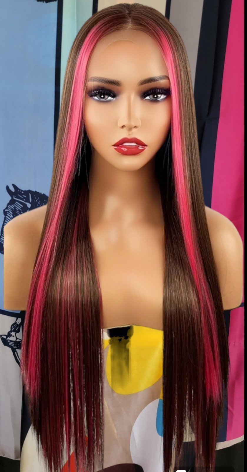 Coffee brown with hot pink highlights hd freepart lace front wig