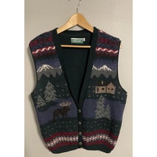 Vintage Coldwater Creek Womens Vest XL Green Fair Isle Nordic Print Wool FLAW
