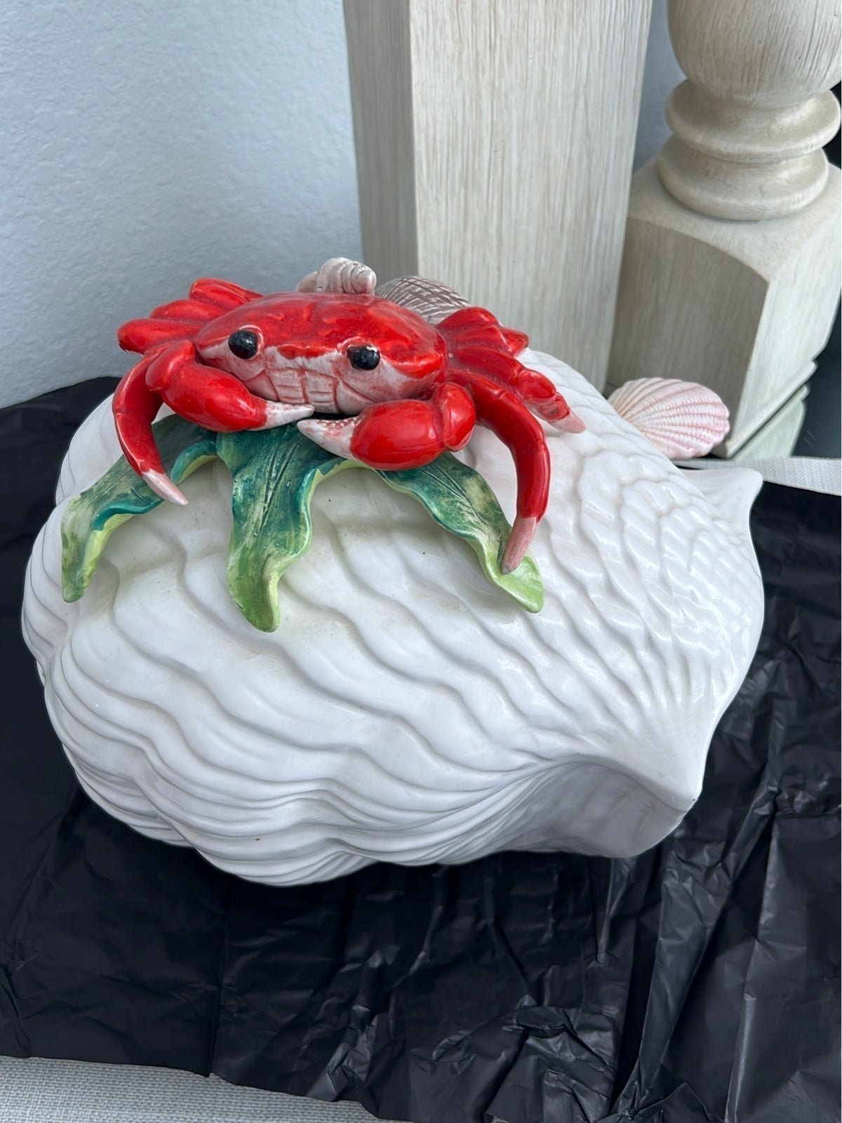 Vintage Ceramic Red Crab on White Shell Soup Tureen with Ladle