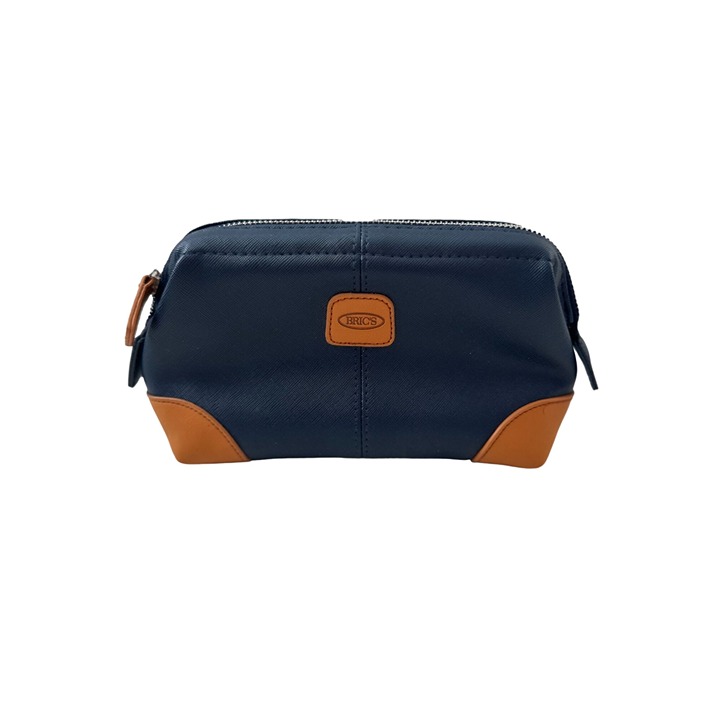 BRICS Blue Leather Cosmetic Zip Travel Bag