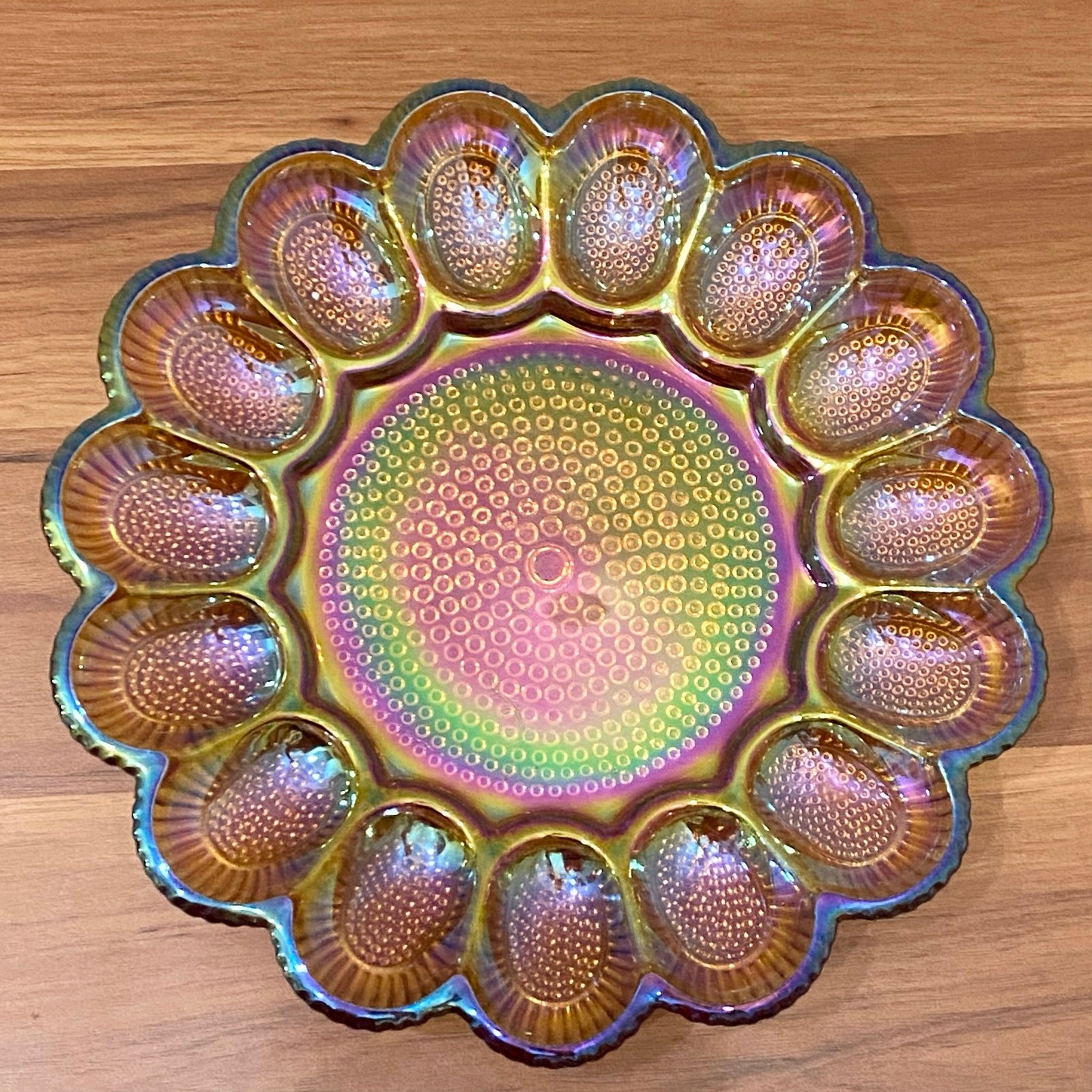 Vintage Indiana Carnival Glass Marigold Amber Iridescent Deviled Egg Platter. Pr